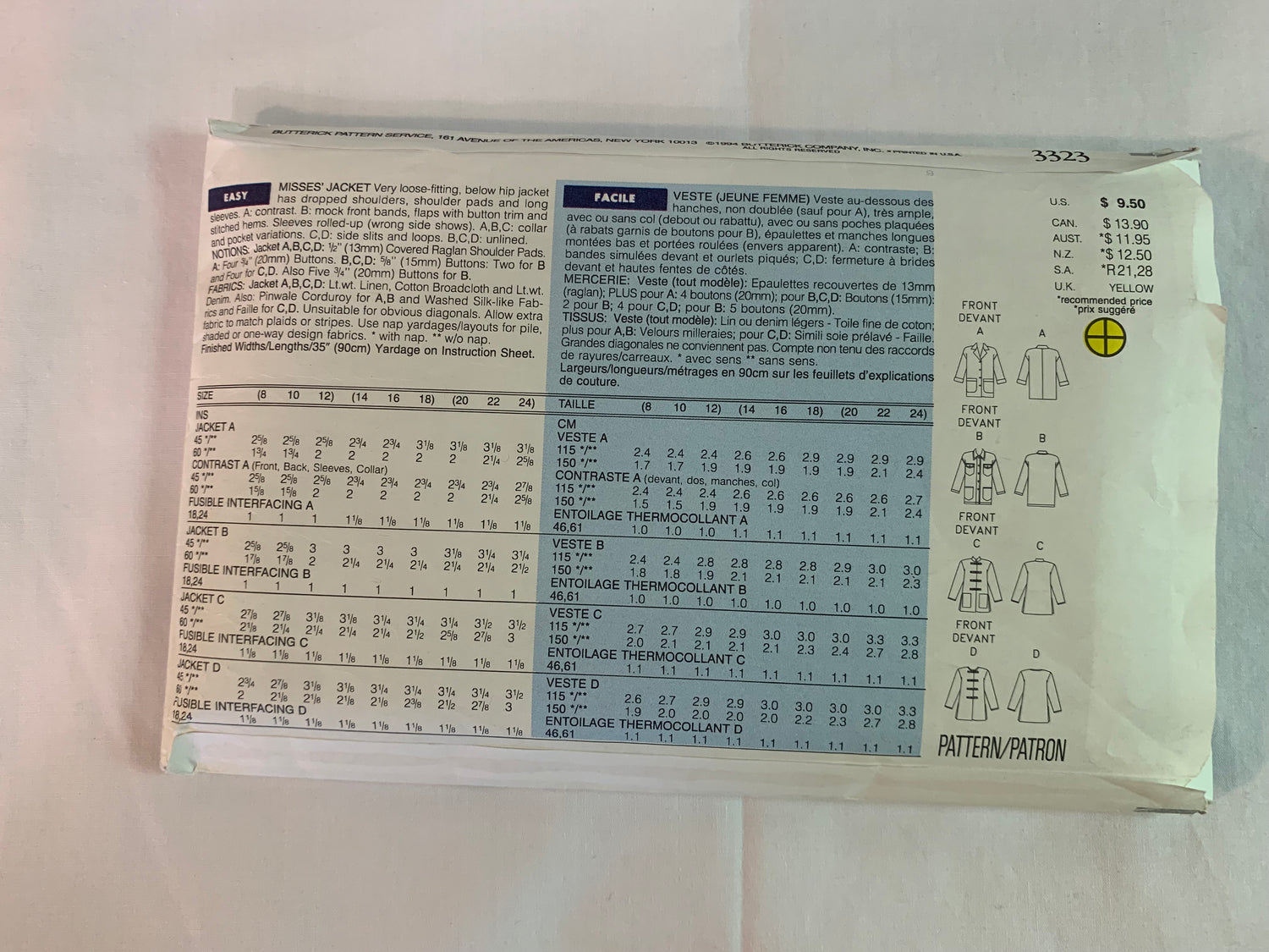 Butterick Sewing Pattern 3323 Misses' Jacket, Loose-Fitting, Shoulder Pads, Pockets, Collar, Size 14-18, Uncut, Vintage 1994