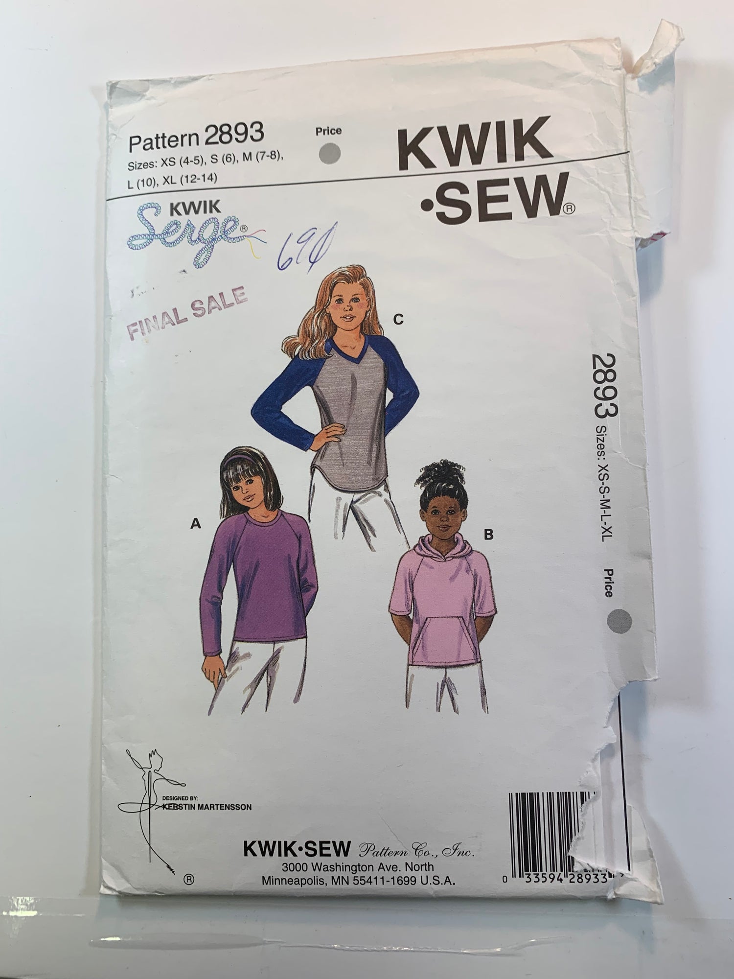 KWIK 2893 Girls' Shirt, Size 4-14, Uncut, 2000