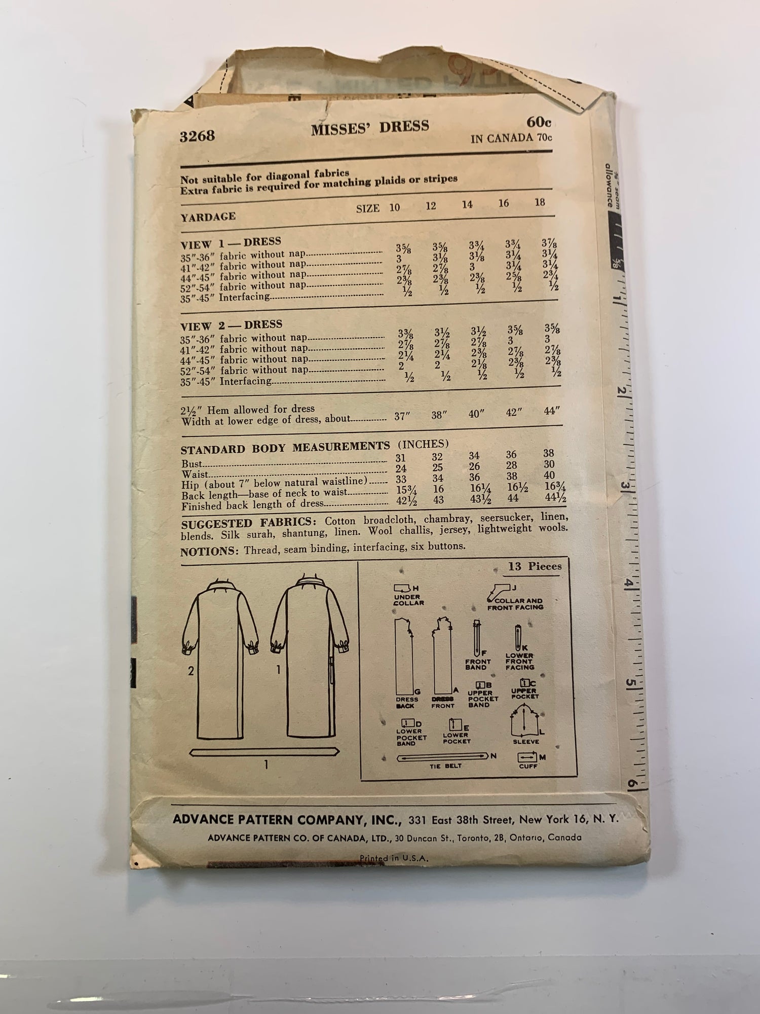 Advance Sew Easy 3268 Misses' Dress, Size 16. Cut, 1960