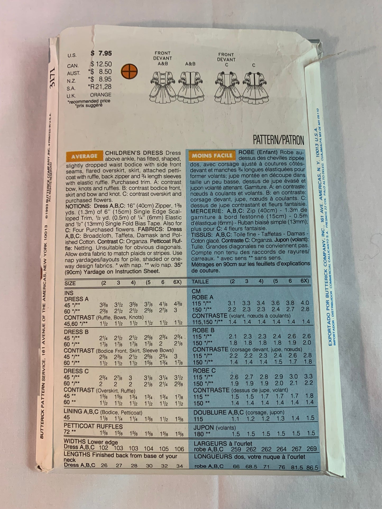 Butterick Sewing Pattern 3171 Children's/Girls' Dress, Below Knee Lengths, Fitted, Dropped Waist, Elbow Sleeves, Flared Overskirt, Ruffles, Size 5-6X, Uncut, Vintage 1993