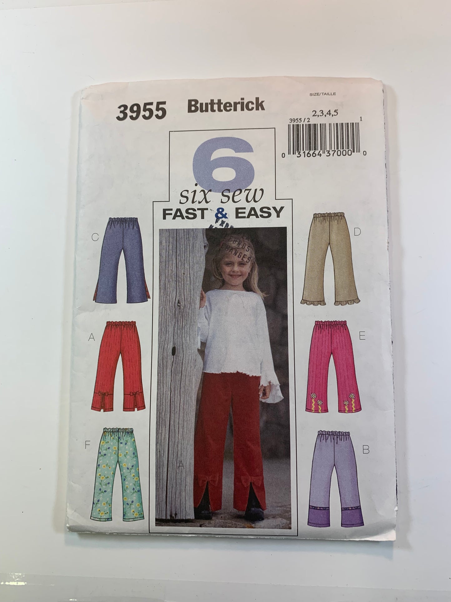 Butterick Sewing Pattern 3955 Girls' Pants,Elastic Waist, Slits, Bow, 6 Variations, Pull-On, Size 2-5, Cut, 2003