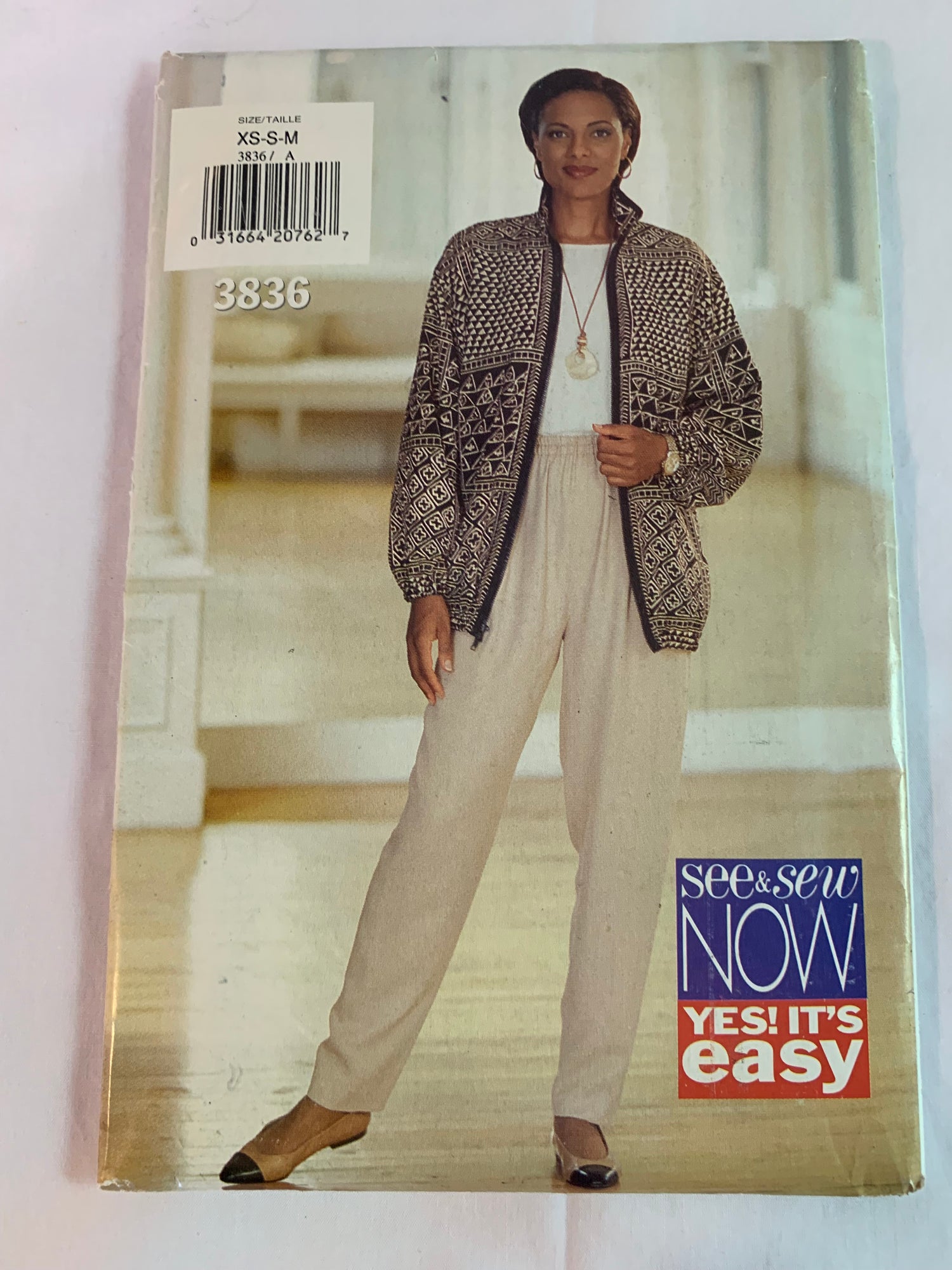 Butterick Sewing Pattern 3836 Misses' Jacket, Pants, Loose-Fitting, Pockets, Collar, Tapered, Zipper Front, Size 6-148, Uncut, Vintage 1994