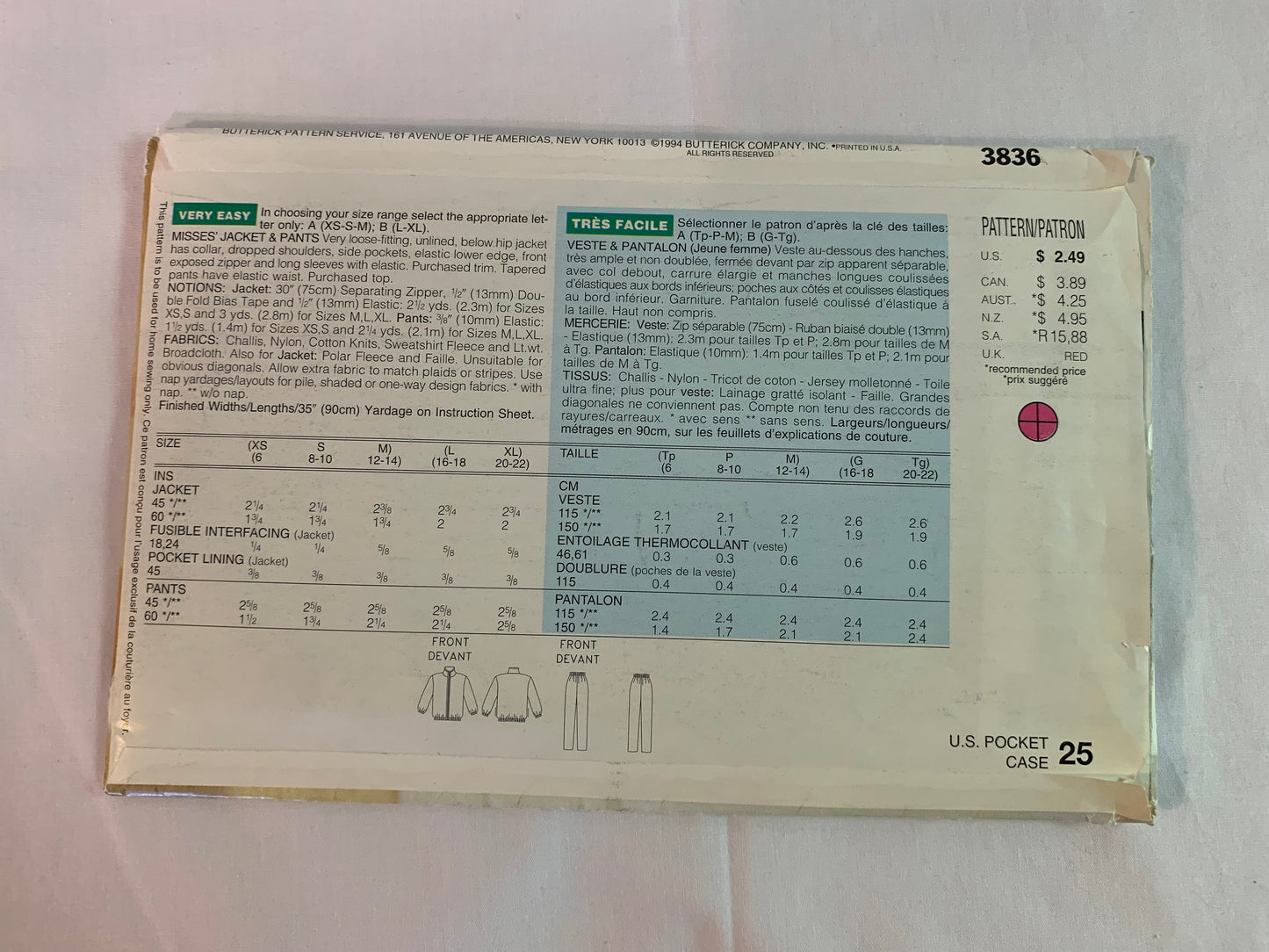 Butterick Sewing Pattern 3836 Misses' Jacket, Pants, Loose-Fitting, Pockets, Collar, Tapered, Zipper Front, Size 6-148, Uncut, Vintage 1994