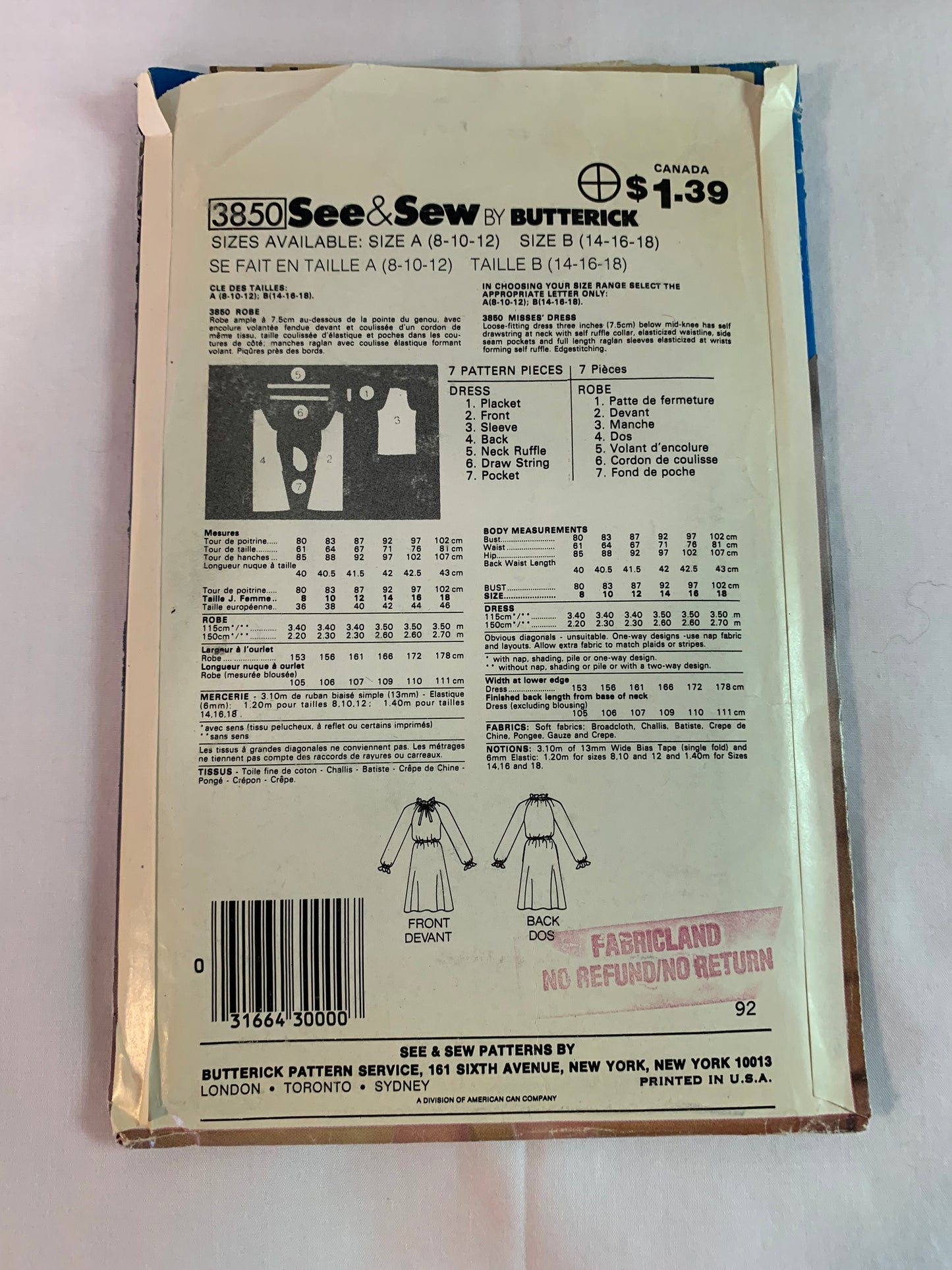 Butterick Sewing Pattern See & Sew 3850 Misses' Dress, Long Sleeves, Zipper Back, Flared Skirt, Loose-Fitting,  Size 8-12, Uncut, Vintage 1986
