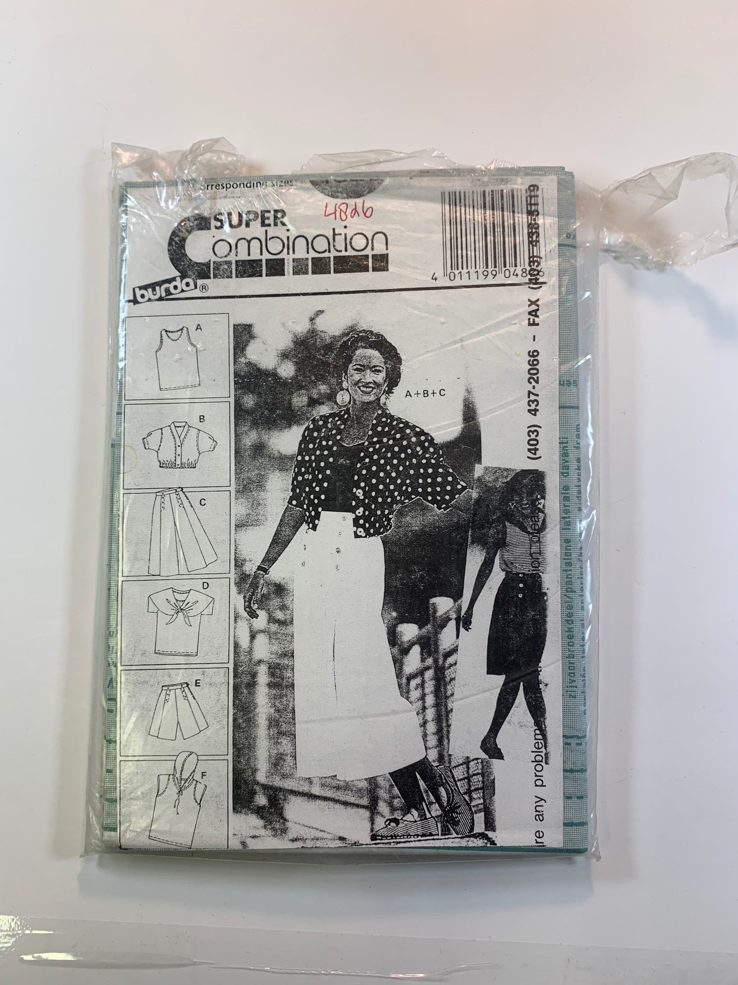 Burda Sewing Pattern 4826 Misses' Culottes Shorts, Top, Bermudas, Jacket, Hood, Button Front, Size 8-18, Uncut. 2001