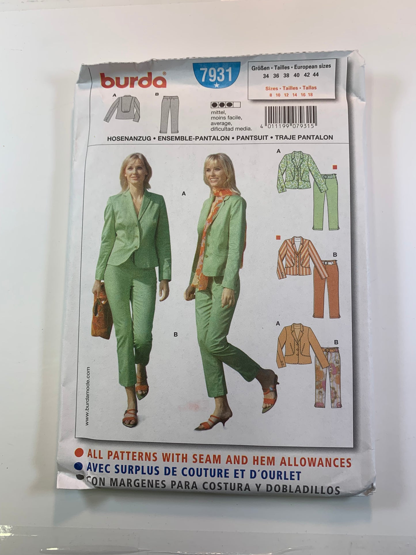 Burda Sewing Pattern 7931 Misses' Pants, Jacket, Pantsuit, Fitted, Button Front, Long Sleeves, Zipper Front, Size 8-18, Uncut, 2005