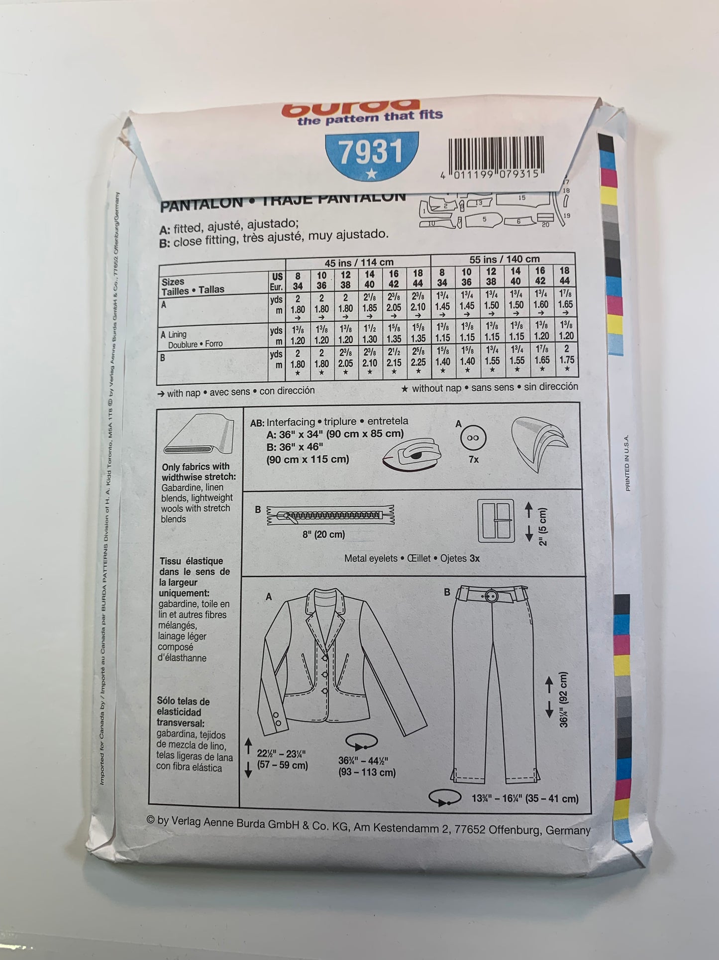 Burda Sewing Pattern 7931 Misses' Pants, Jacket, Pantsuit, Fitted, Button Front, Long Sleeves, Zipper Front, Size 8-18, Uncut, 2005