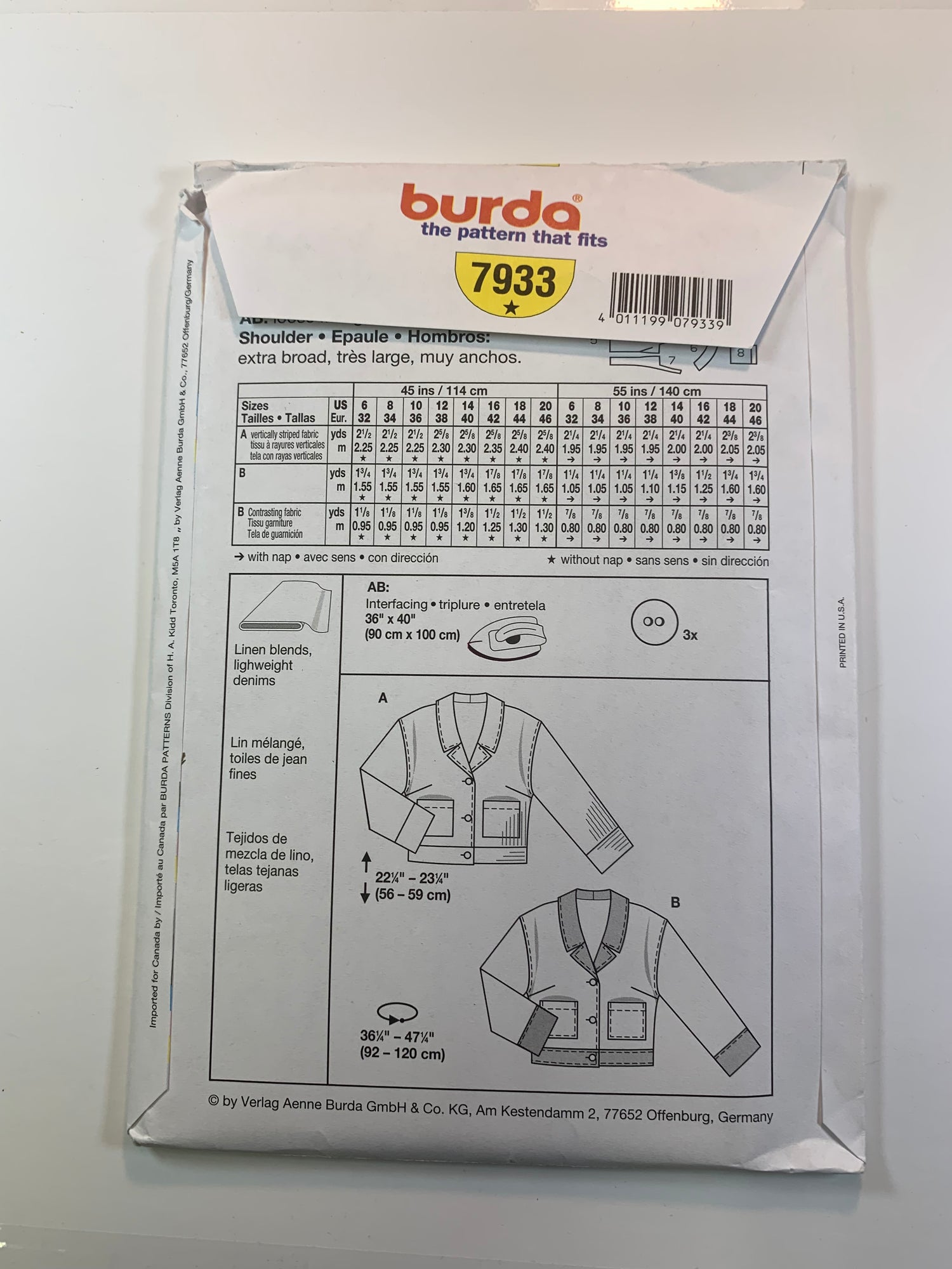 Burda Sewing Pattern 7933 Misses' Jacket, Button Front, Loose-Fitting, Long Sleeves, Pockets, Collar, Size 6-20, Uncut, 2014