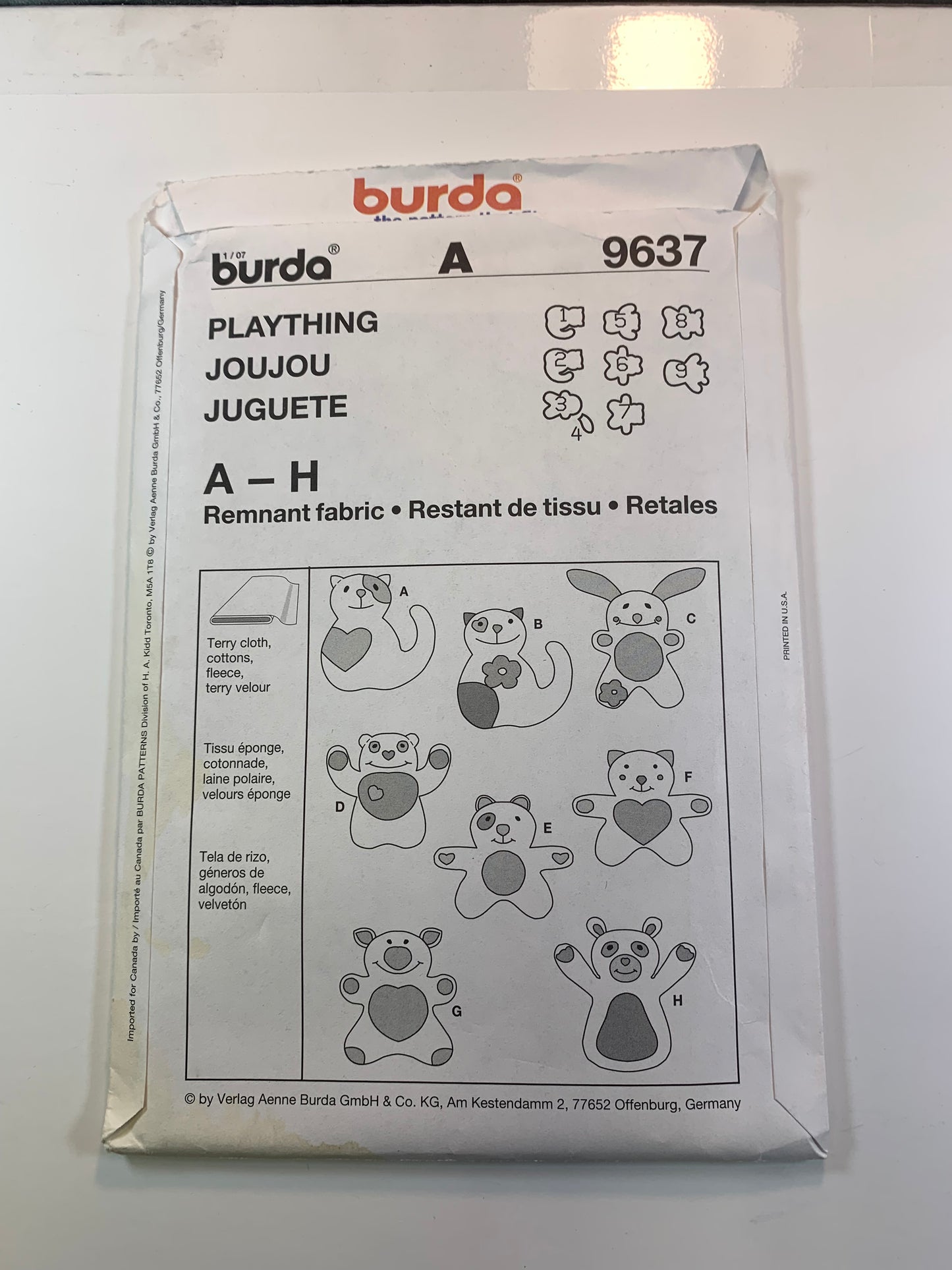 Burda Sewing Pattern 9637 Infant's Baby Stuffed Animals, Cat, Bunny, Bear, Pig, Frog, Dog, Cut, 2018