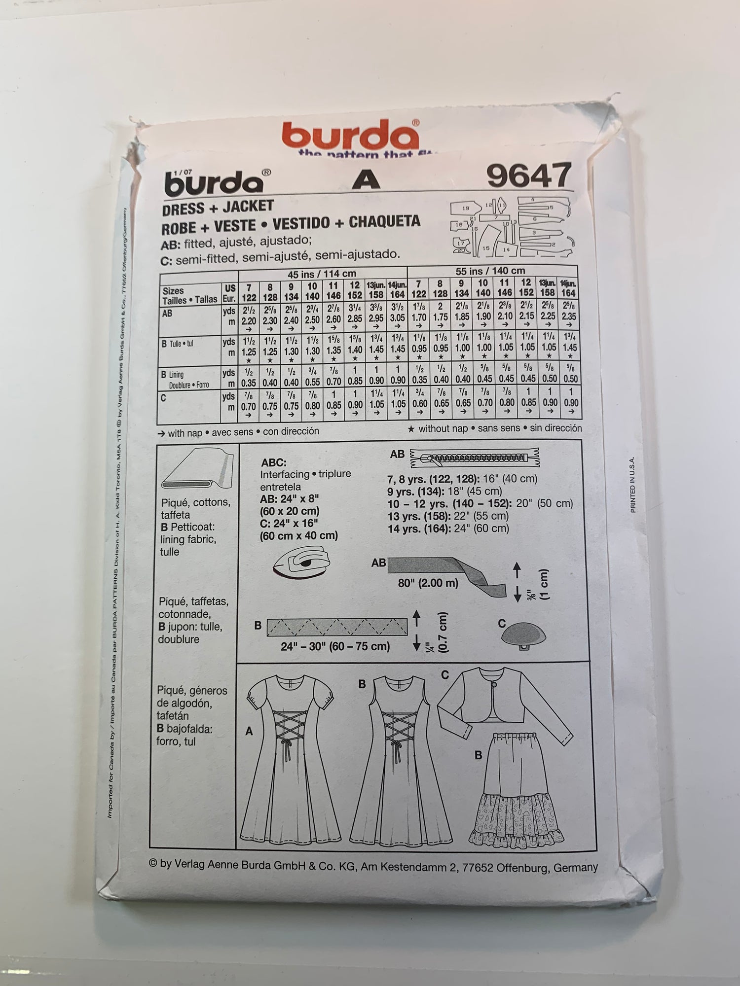 Burda Sewing Pattern 9647 Girls' Dress, Jacket, Skirt, Sleeveless, Long/Short Sleeves, Fitted, Zippr Back, Size 7-14, Uncut, 2012