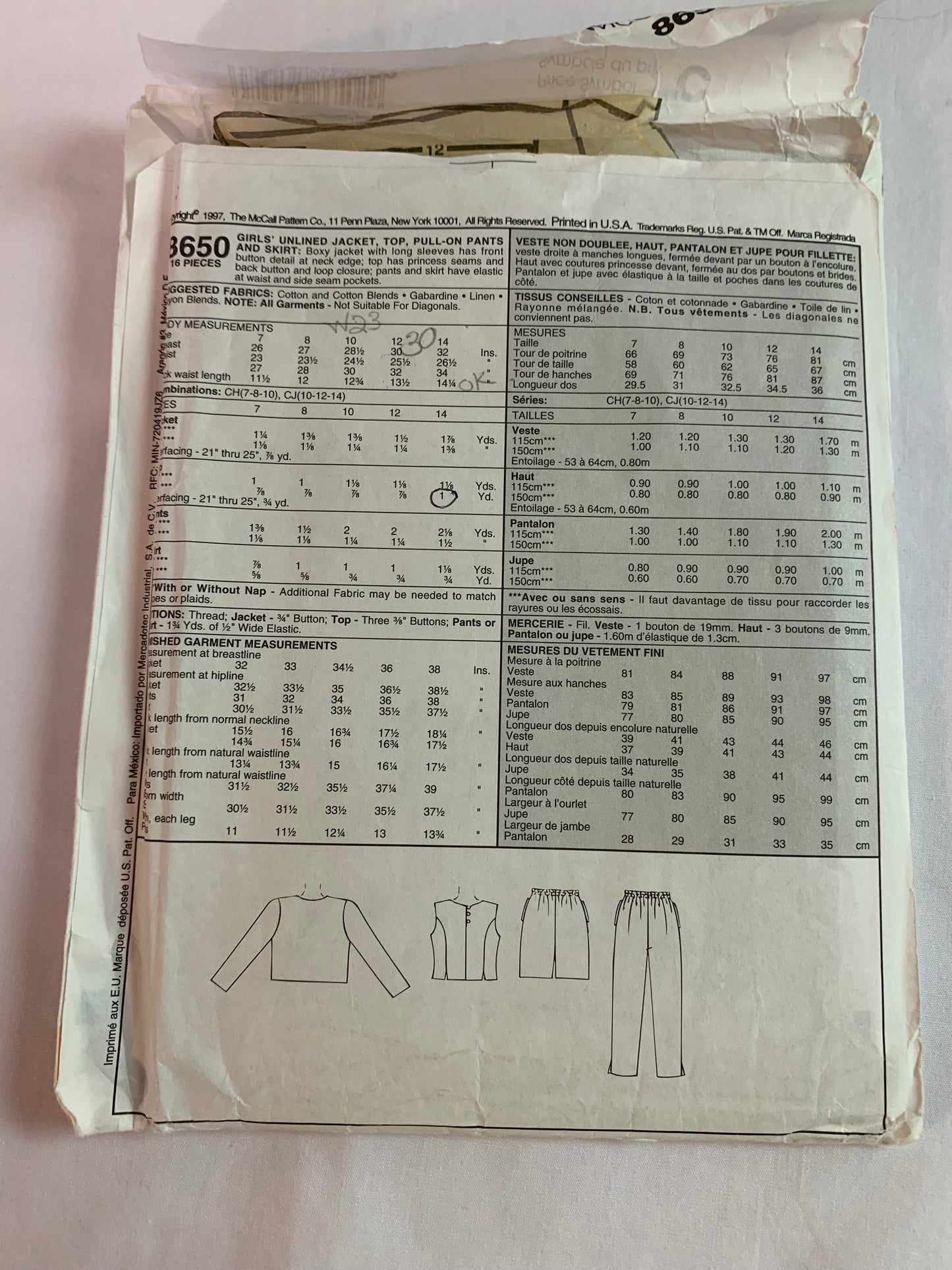 McCall's Sewing Pattern 8950 Girls' Unlined Jacket, Top, Pants, Skirt, Boxy Jacket, Button Front, Princess Seams, Size 10-12, Cut, Vintage 1997