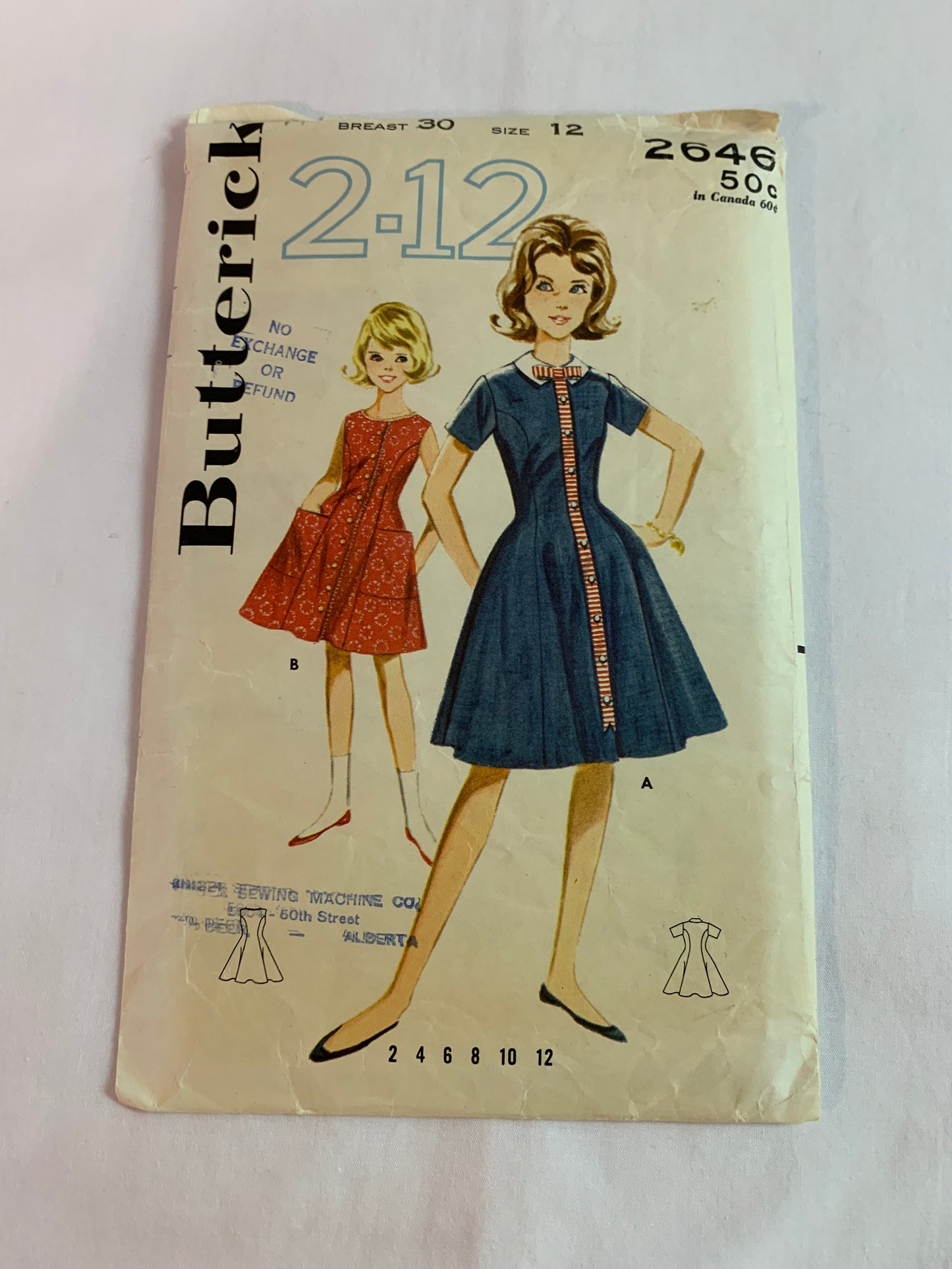 Butterick Sewing Pattern 2646 Girls' Princess Dress, Button Front, Detachable Collar, Sleeveless, Pockets, Size 12, Cut, Vintage 1950