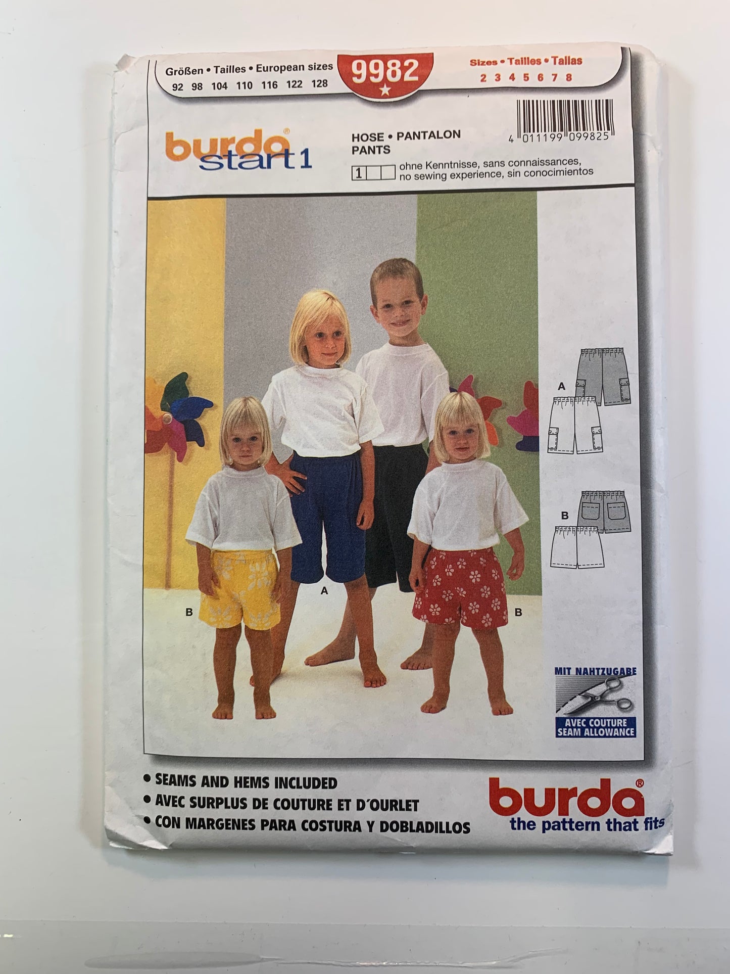 Burda Sewing Pattern 9982 Girls' Boy's Shorts, Pockets, Elastic Waist, Pull-On, Two Lengths, Size 2-8, Uncut, 2012