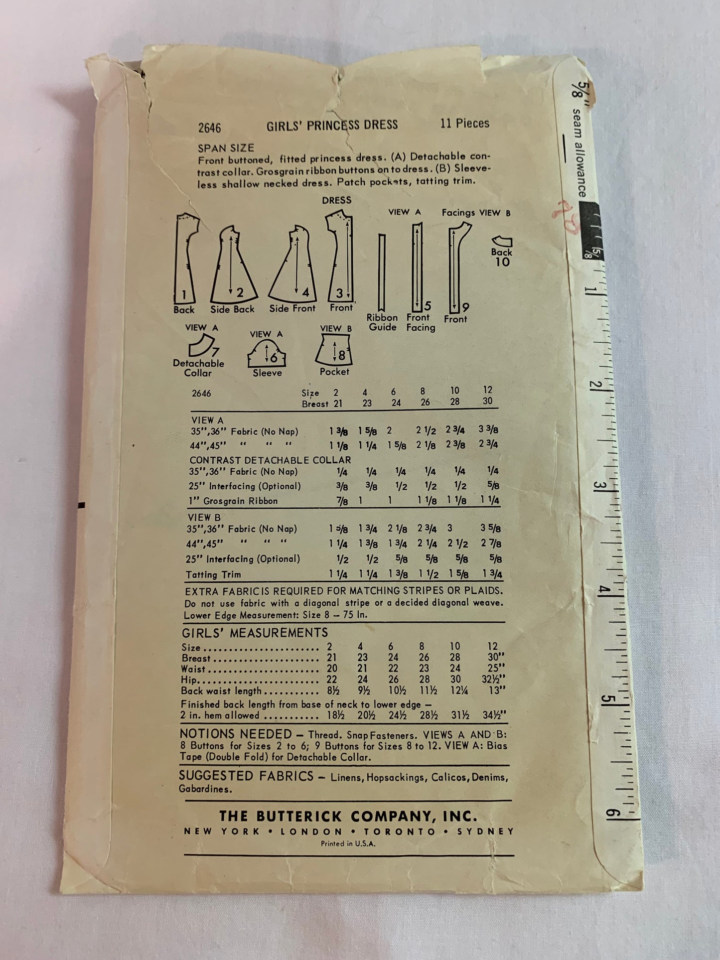 Butterick Sewing Pattern 2646 Girls' Princess Dress, Button Front, Detachable Collar, Sleeveless, Pockets, Size 12, Cut, Vintage 1950