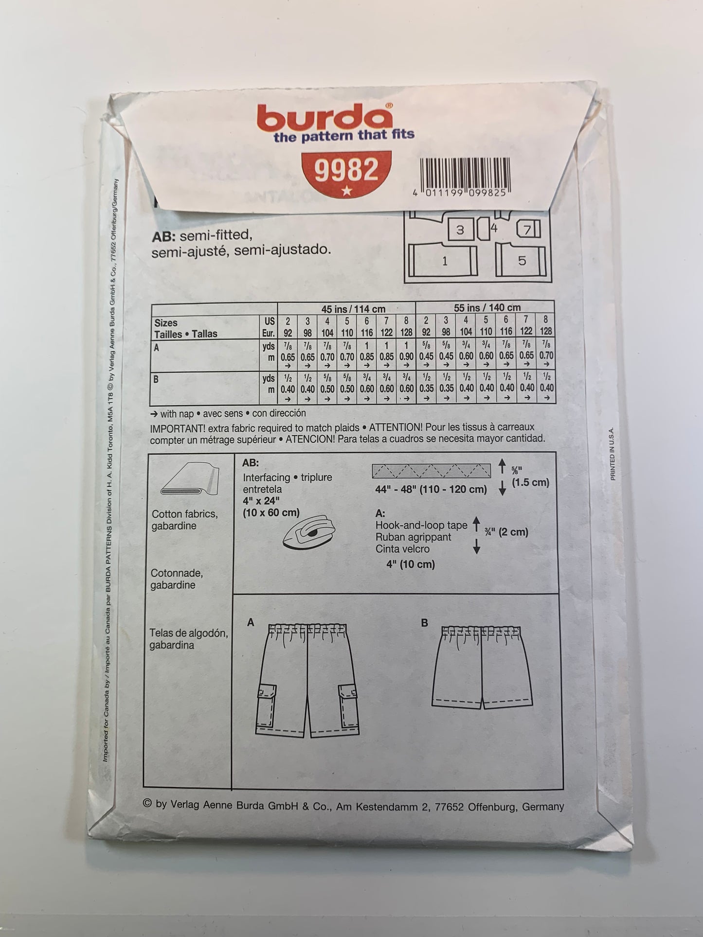 Burda Sewing Pattern 9982 Girls' Boy's Shorts, Pockets, Elastic Waist, Pull-On, Two Lengths, Size 2-8, Uncut, 2012