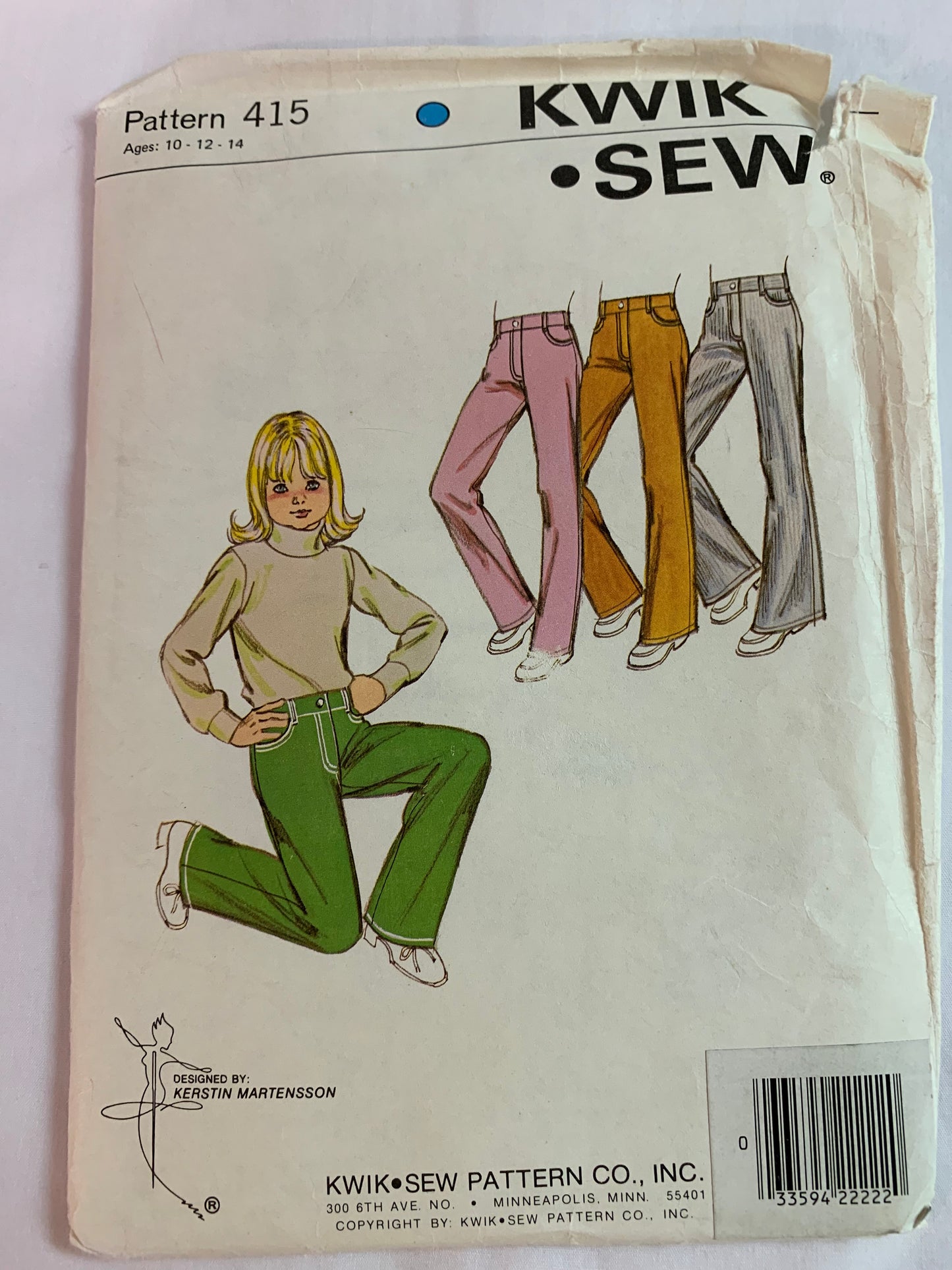KWIK Sewing Pattern 415 Girls' Jeans, Pockets, Zipper Front, Belt Loops, 3 Leg Variations, Size 10-14, Uncut, Vintage 1998