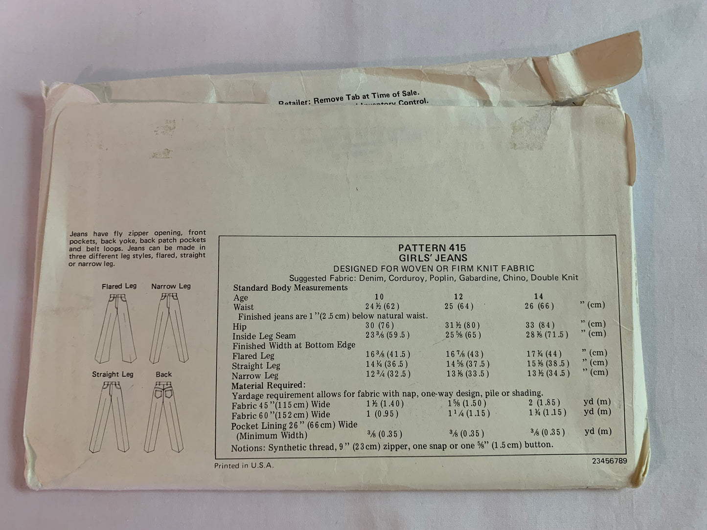 KWIK Sewing Pattern 415 Girls' Jeans, Pockets, Zipper Front, Belt Loops, 3 Leg Variations, Size 10-14, Uncut, Vintage 1998