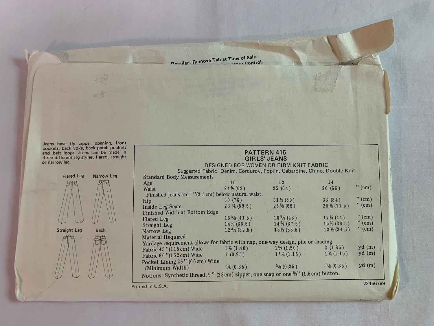 KWIK Sewing Pattern 415 Girls' Jeans, Pockets, Zipper Front, Belt Loops, 3 Leg Variations, Size 10-14, Uncut, Vintage 1998