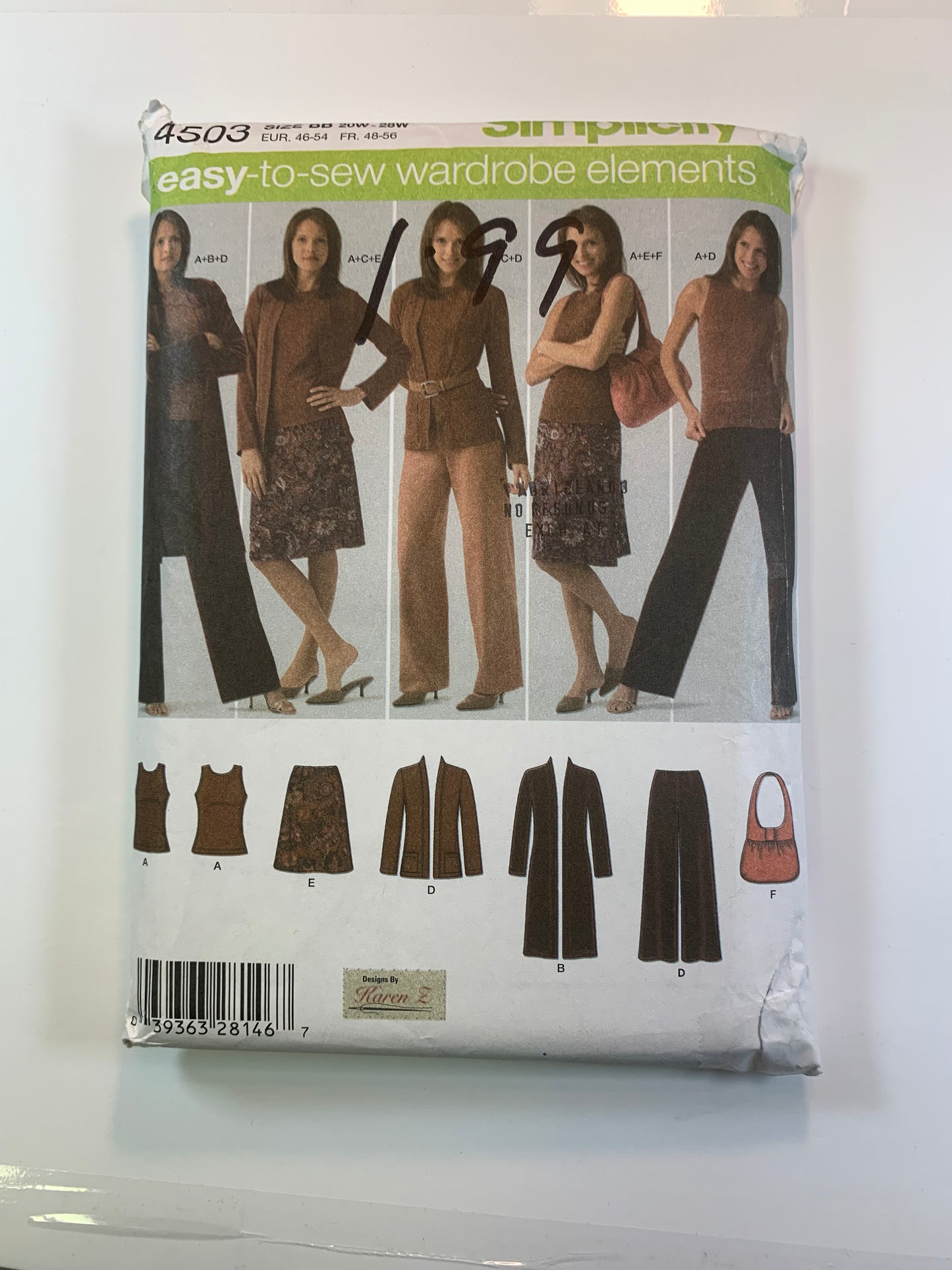 Simplicity 4503 Misses'/Misses' Petites Pants, Skirt, Bag, Knit Cardigan, Top, Size 20W-22W, Cut, 2005
