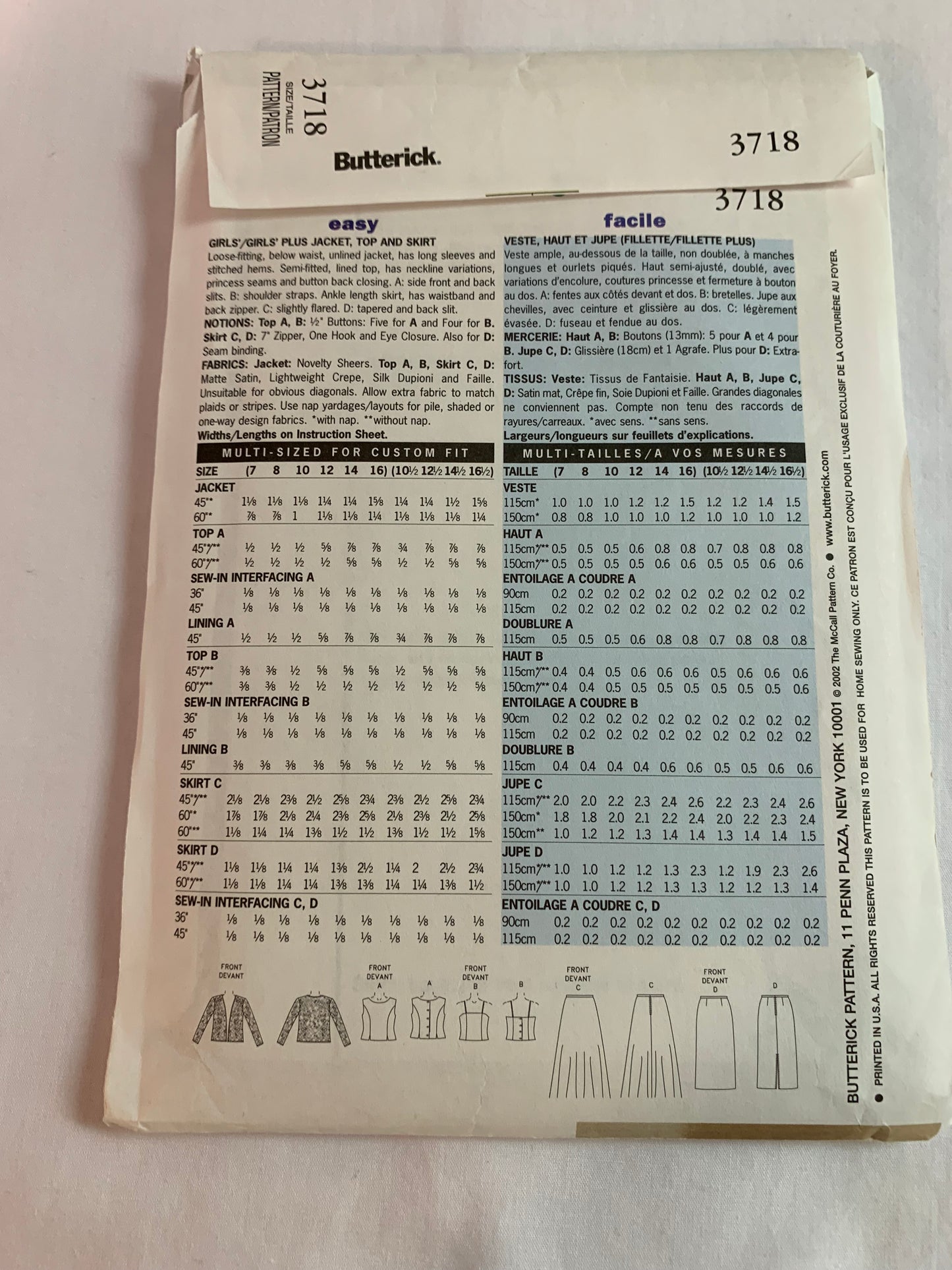 Butterick Sewing Pattern 3718 Girls' Plus Formal Wear, Camisole, Top, Skirt, Jacket, Size 10 1/2-16 1/2, Cut, 2002