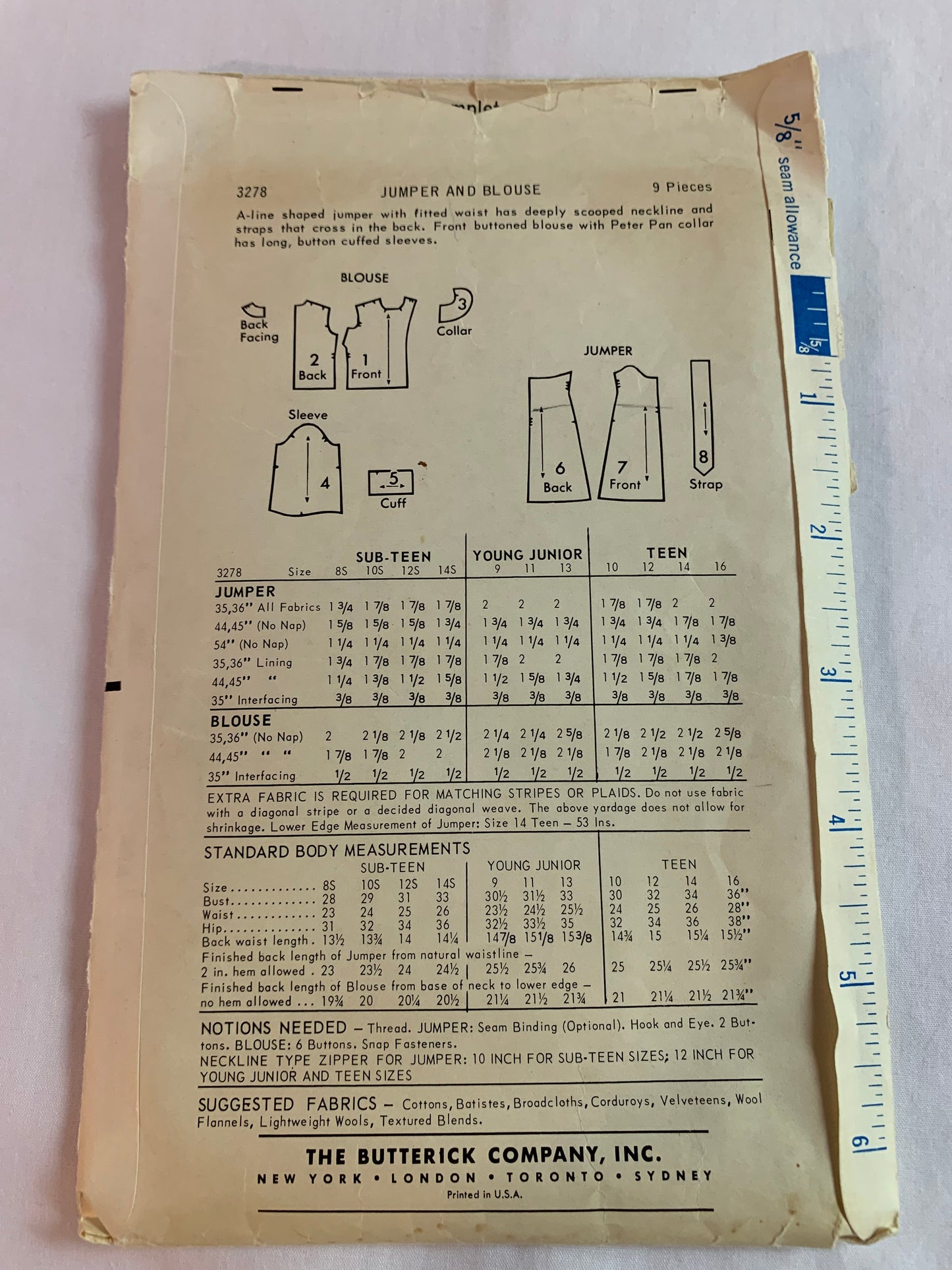 Butterick Sewing Pattern 3278 Girls' Jumper, Blouse, A-Line, Scooped Neckline, Straps, Button Front, Peter Pan Collar, Size 12, Cut, Vintage 1960