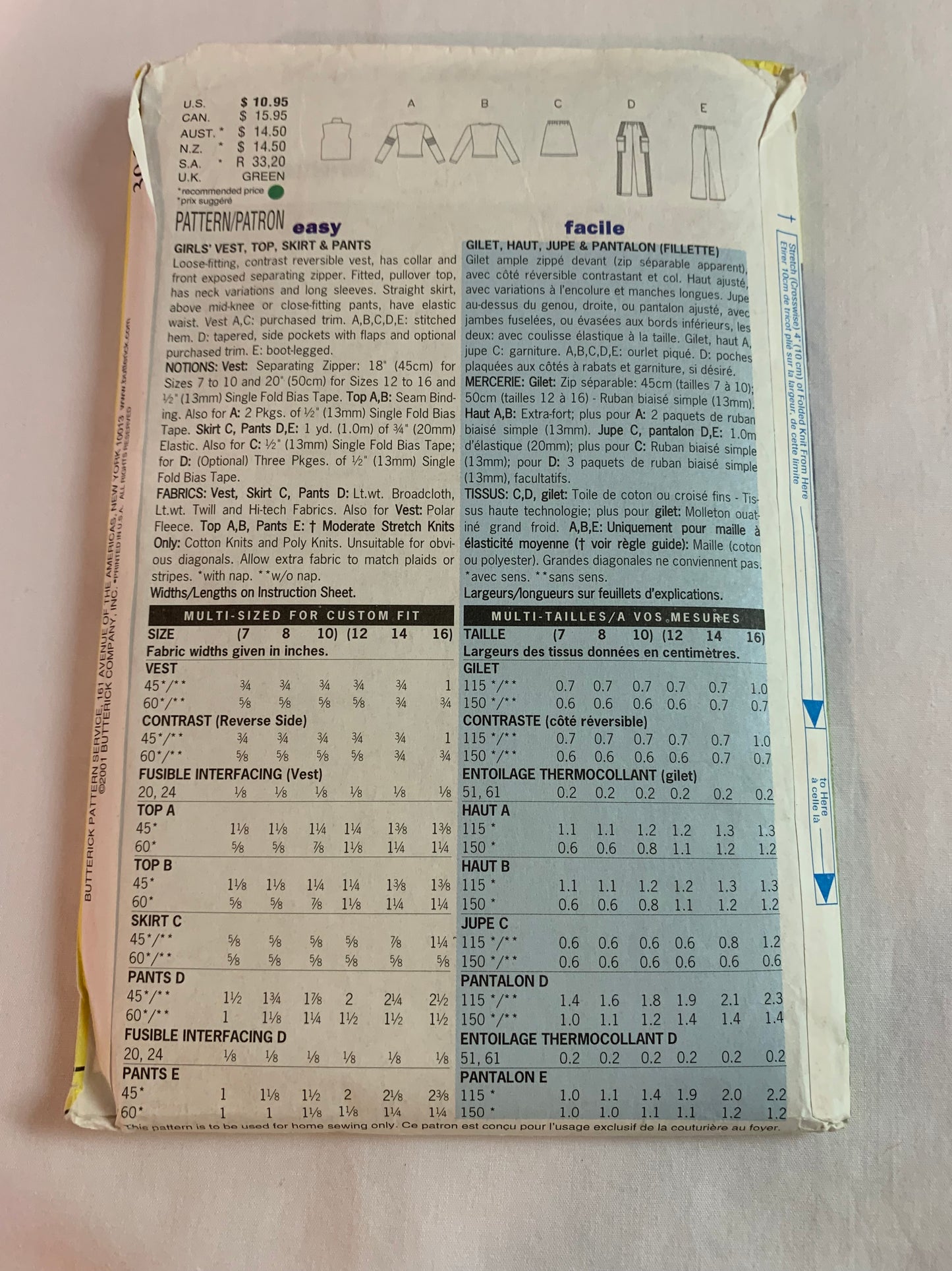 Butterick Sewing Pattern 3065 Girls' Reversible Vest, Top, Skirt, Pants, Loose-Fitting, Collar, Pullover, Pockets, Long Sleeves, Size 12-16, Cut, 2001