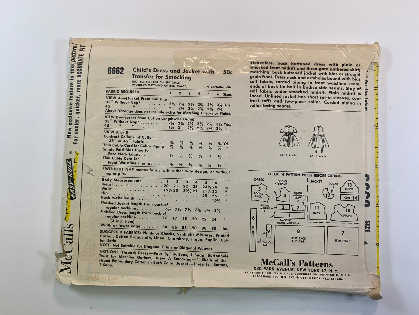 McCall's 6662 Girls' Dress, Jacket, Size 4, Cut, Vintage 1962