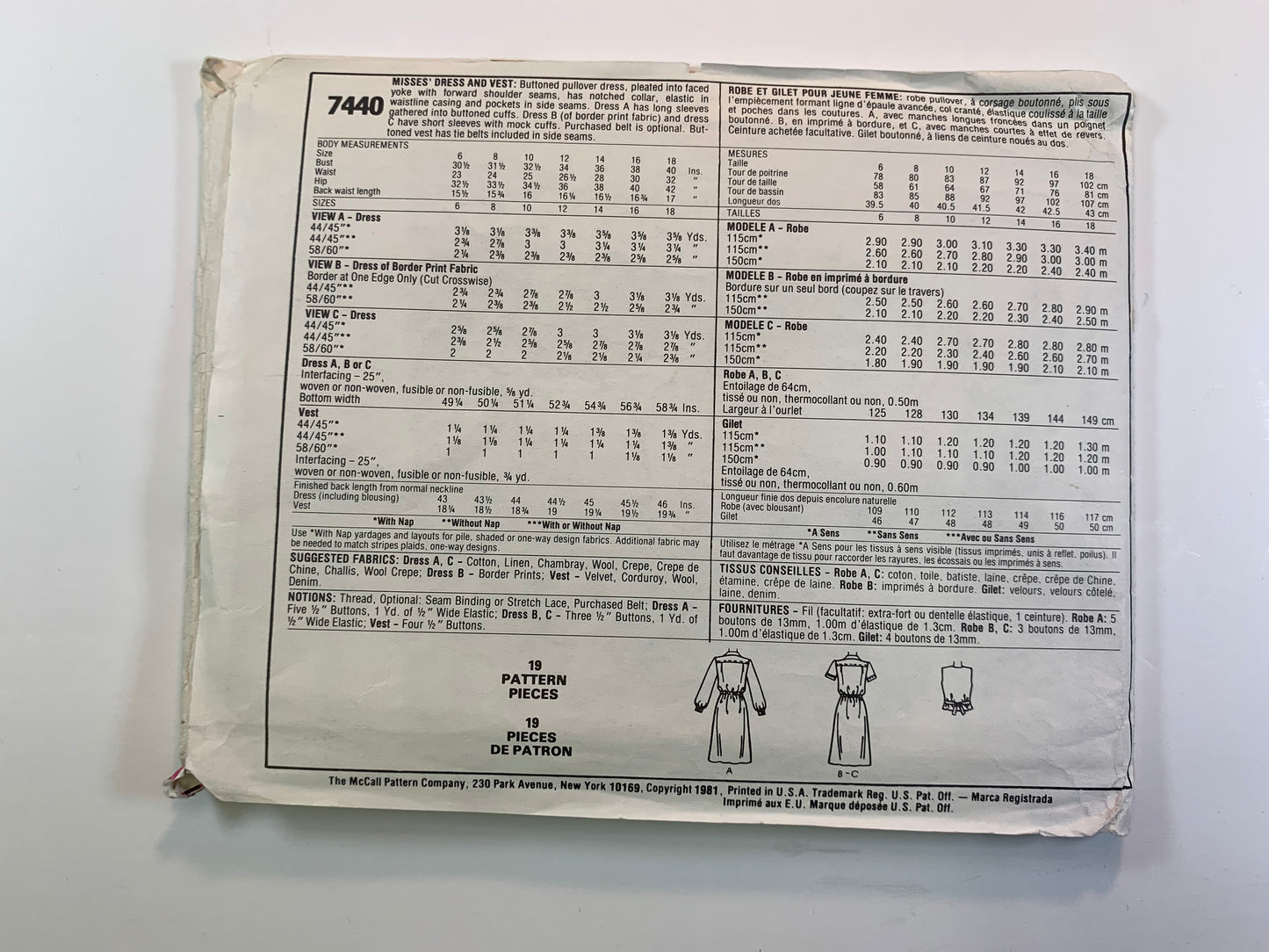 McCall's 7440 Misses' Dress, Vest, Size 8, Cut, Vintage 1981