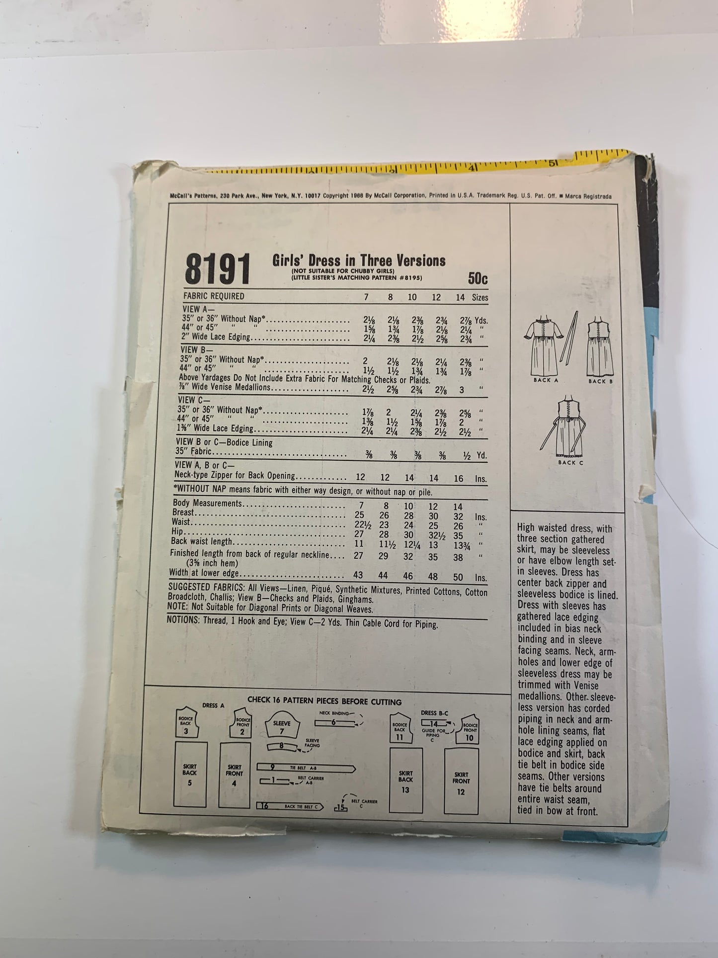 McCall's 8191 Girls' Dresses, Size 12, Cut, Vintage 1968