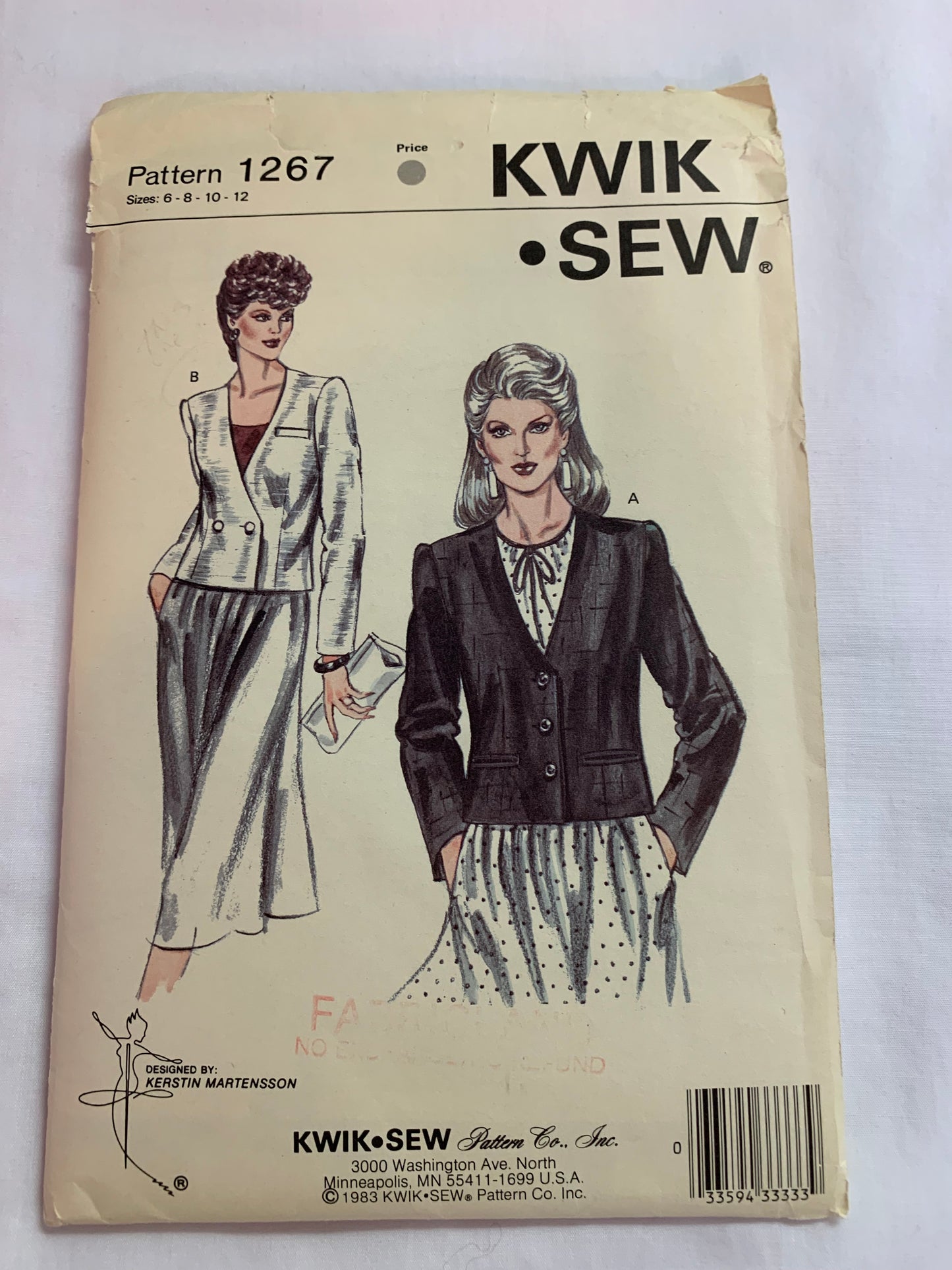 Kwik Sewing Pattern 1267 Misses' Jackets, Pockets, Button Front, Long Sleeves, Shoulder Pads, Size 6-10, Cut, Vintage 1987