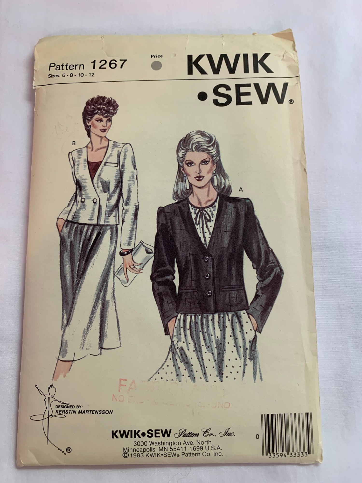 Kwik Sewing Pattern 1267 Misses' Jackets, Pockets, Button Front, Long Sleeves, Shoulder Pads, Size 6-10, Cut, Vintage 1987