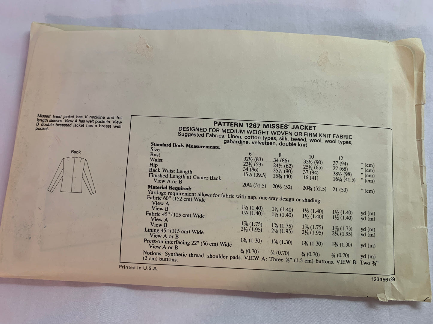 Kwik Sewing Pattern 1267 Misses' Jackets, Pockets, Button Front, Long Sleeves, Shoulder Pads, Size 6-10, Cut, Vintage 1987