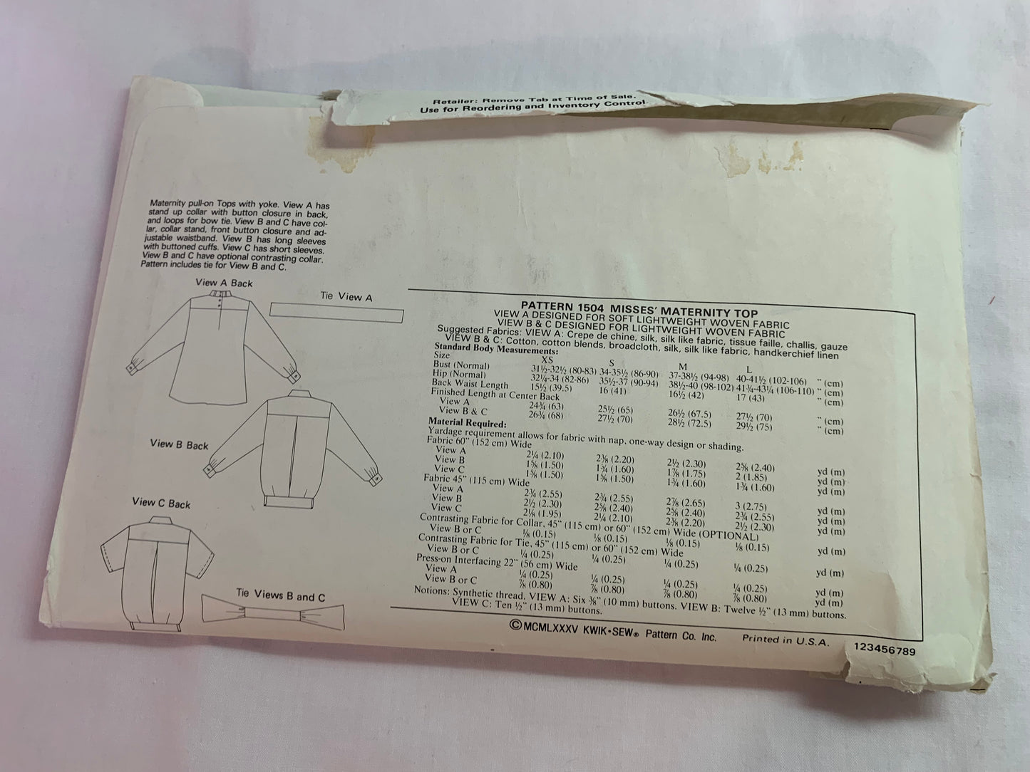 KWIK Sewing Pattern 1504 Misses' Maternity Tops, Pullover, Long/Short Sleeves, Collar, Cuffs, Size 31-38, Cut, Vintage 1985