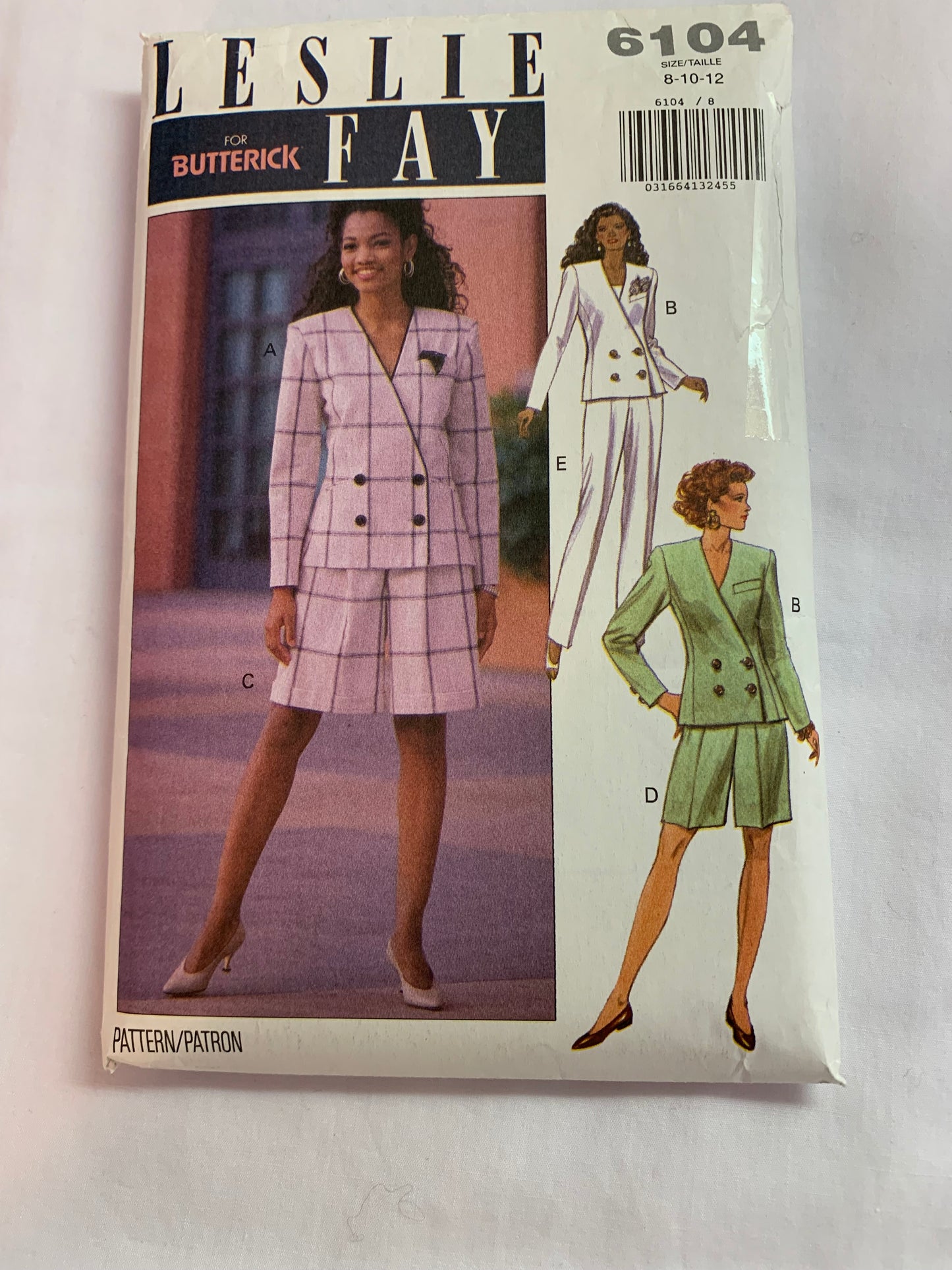 Butterick Leslie Fay Sewing Pattern 6104 Misses' Jacket, Shorts, Pants, Semi-Fitted, Long Sleeves, Sleeveless, Shoulder Pads, Zipper Back, Double Breasted. Size 8-12, Cut, Vintage 1992