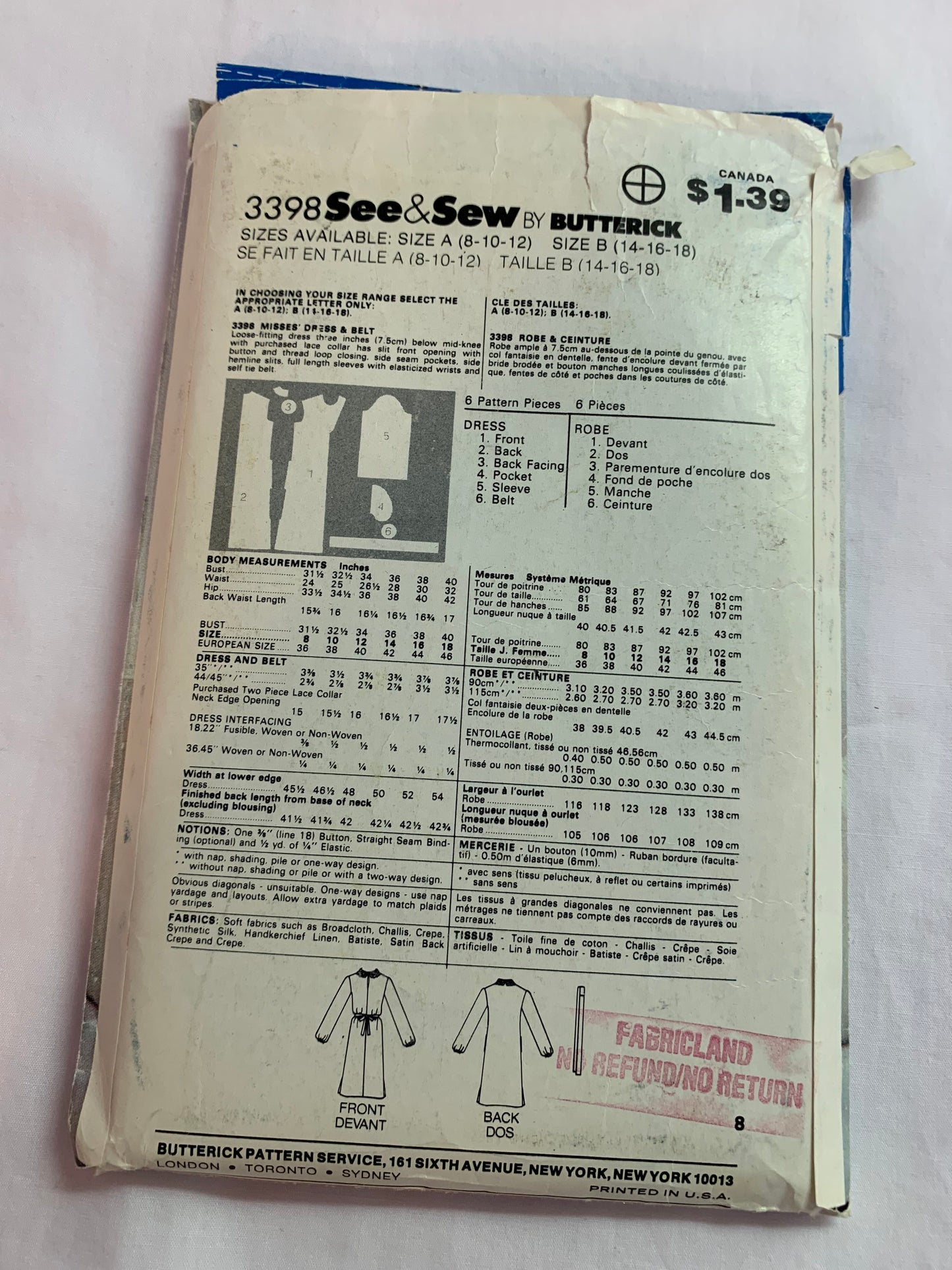 Butterick Sewing Pattern See & Sew 3398 Misses' Dress, Loose-Fitting, Below Mid-Knee, Pullover, Tie Belt, Long Sleeves, Size 8-12, Cut, Vintage 1996