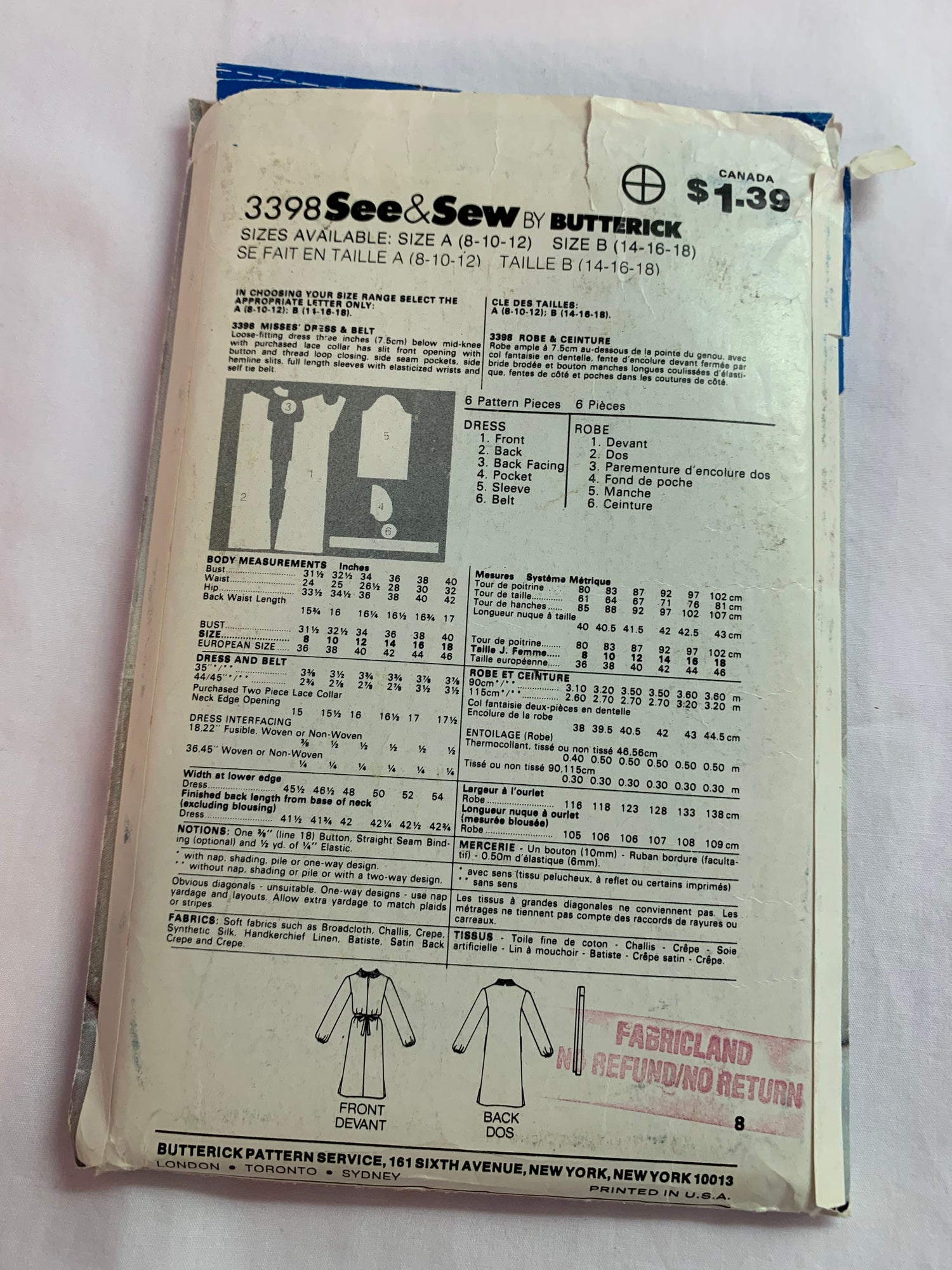 Butterick Sewing Pattern See & Sew 3398 Misses' Dress, Loose-Fitting, Below Mid-Knee, Pullover, Tie Belt, Long Sleeves, Size 8-12, Cut, Vintage 1996