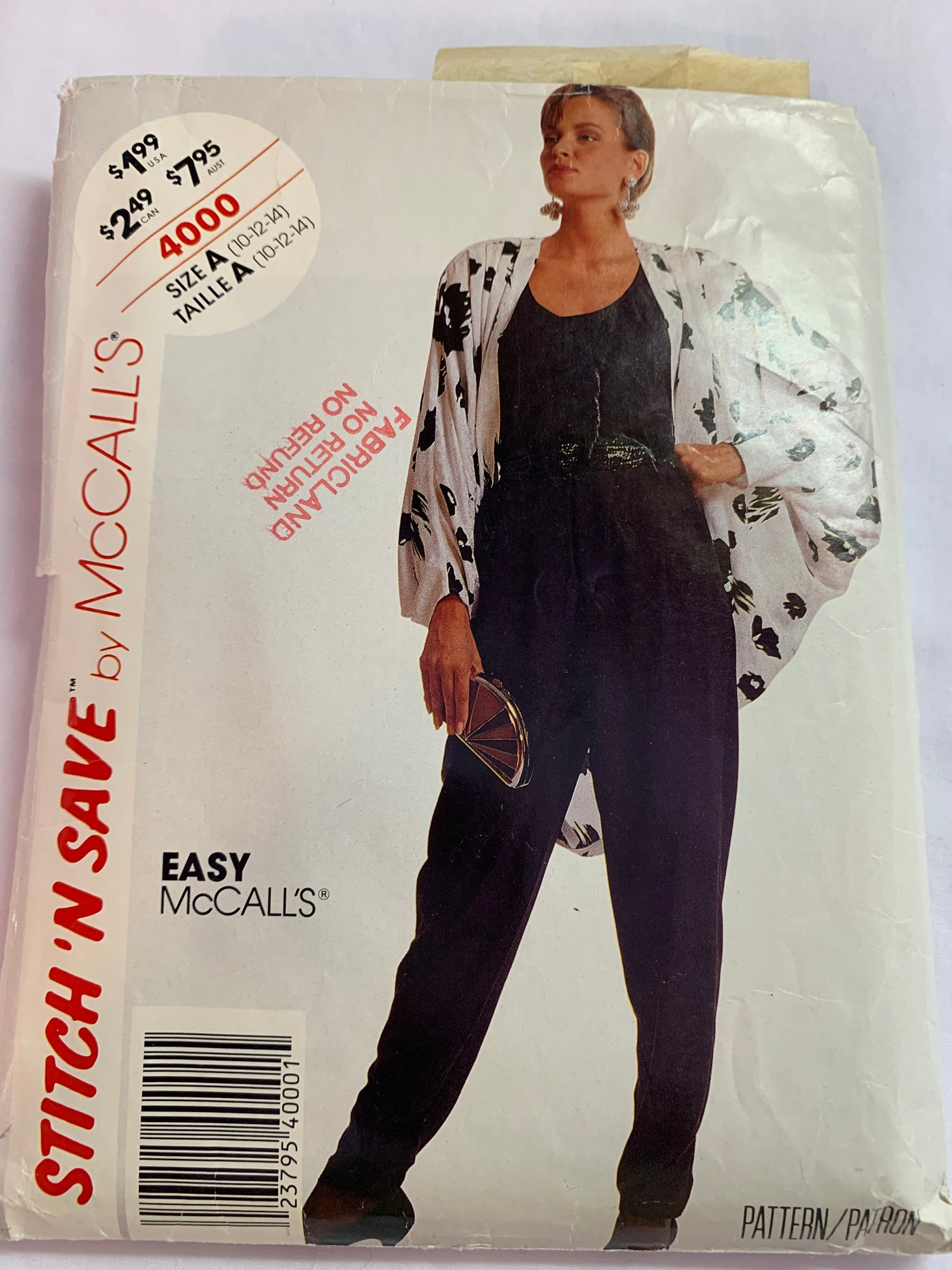 McCall's Stitch N Save Sewing Pattern 4000 Misses' Unlined Jacket, Top, Pull-On Tapered Pants, Shoulder Pads, Sleeveless, Elastic Waist, Pockets, Size 10-14, Cut, Vintage 1988