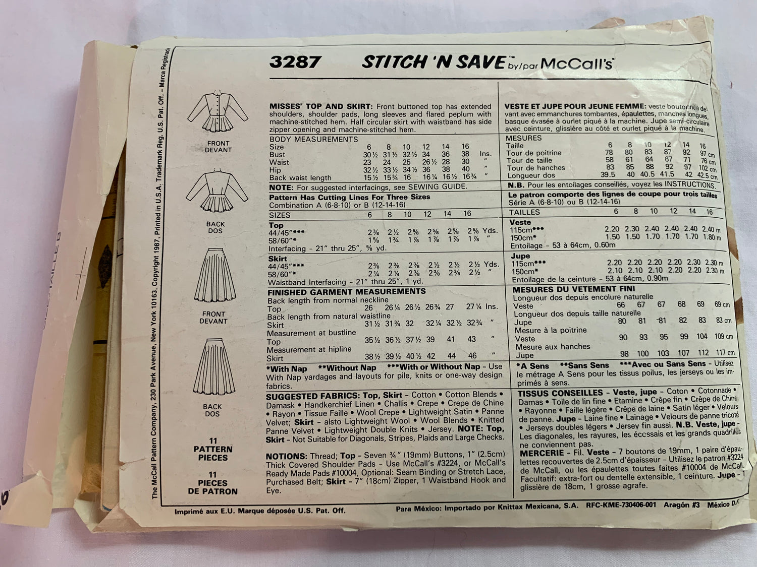 McCall's Sewing Pattern Stitch 'n Save 3287 Misses' Top, Skirt, Long Sleeves, Zipper Back, Shoulder Pads, Flared, Button Front, Size 12-16, Cut, Vintage 1987