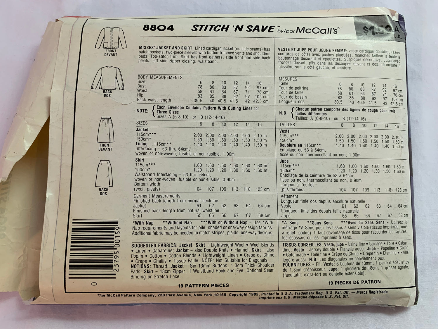 McCall's Sewing Pattern Stitch 'n Save 8804 Misses' Jacket, Skirt, Lined, Shoulder Pads, Pockets, Side Zipper, Size 12-14, Cut, Vintage 1983