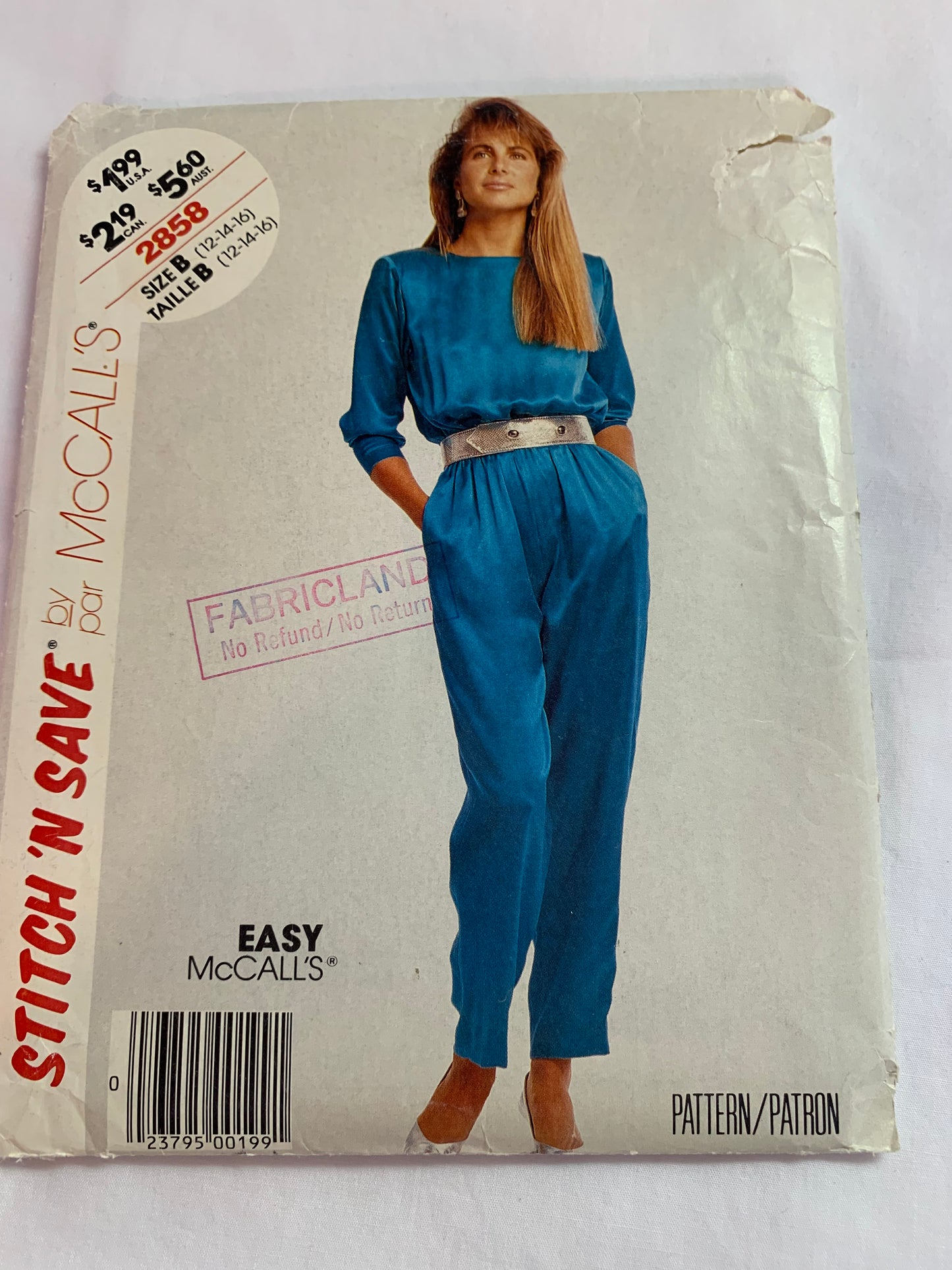 McCall's Sewing Pattern Stitch 'N Save 2858 Misses' Jumpsuit, Tapered Legs, Shoulder Pads, Button Back, Pockets, Long Sleeves, Pull-On Size 12-16, Cut, Vintage 1986