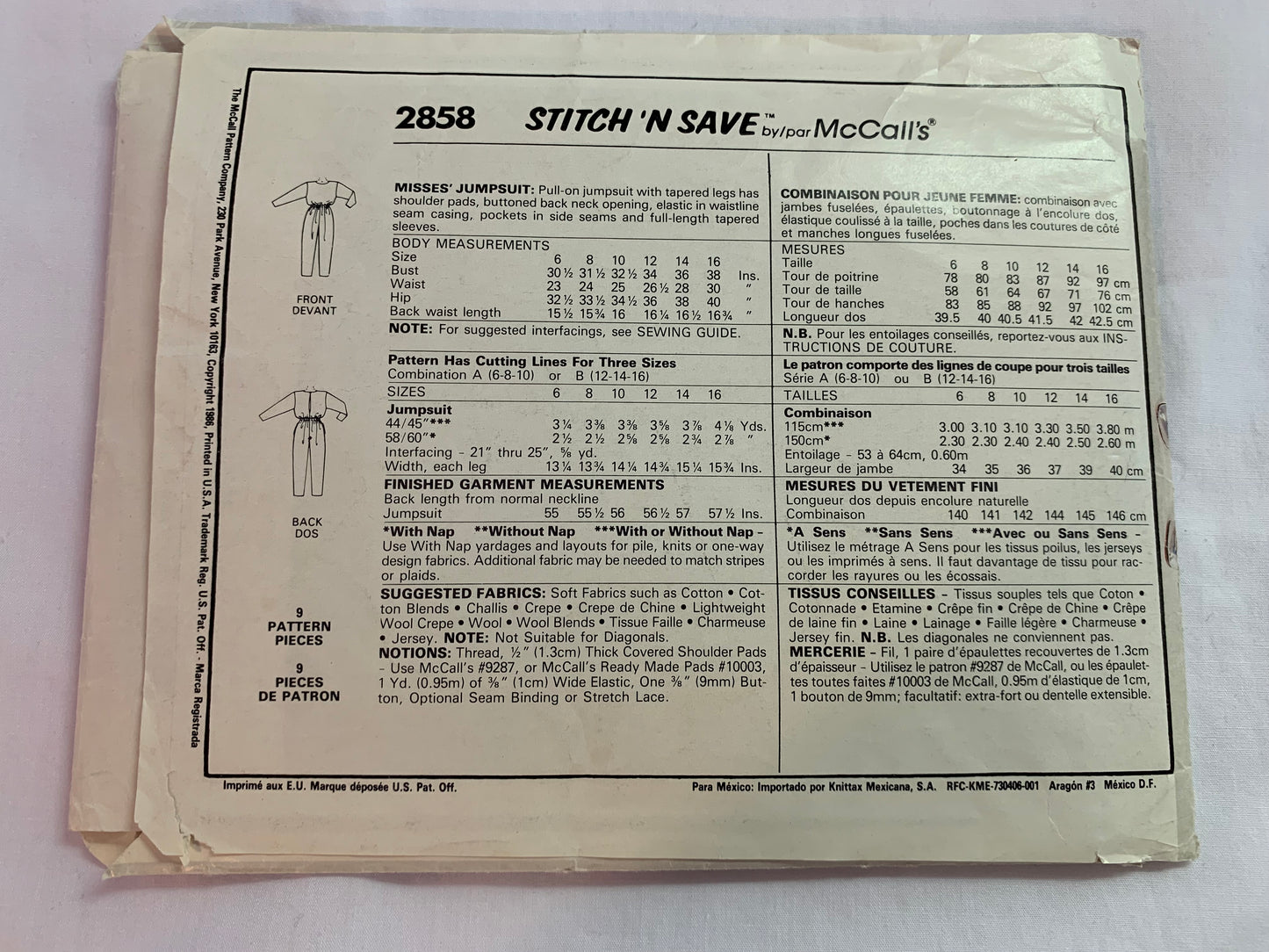 McCall's Sewing Pattern Stitch 'N Save 2858 Misses' Jumpsuit, Tapered Legs, Shoulder Pads, Button Back, Pockets, Long Sleeves, Pull-On Size 12-16, Cut, Vintage 1986