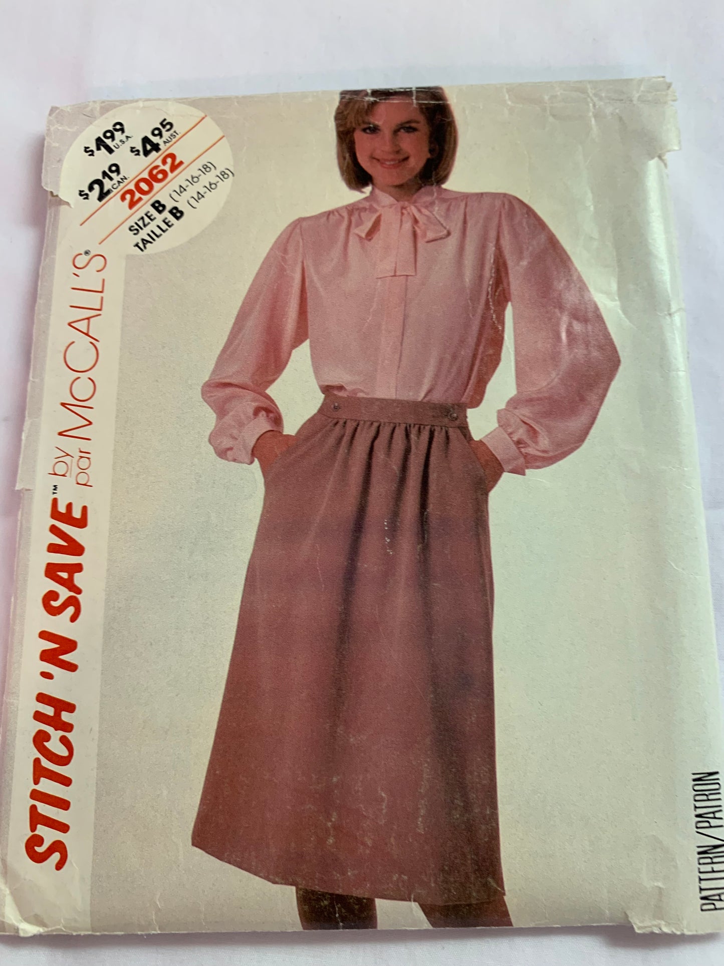 McCall's Stitch 'N Save Sewing Pattern 2062 Blouse, Skirt, Tie Collar, Long Sleeves, Pockets, Size 14-18, Cut, Vintage 1985