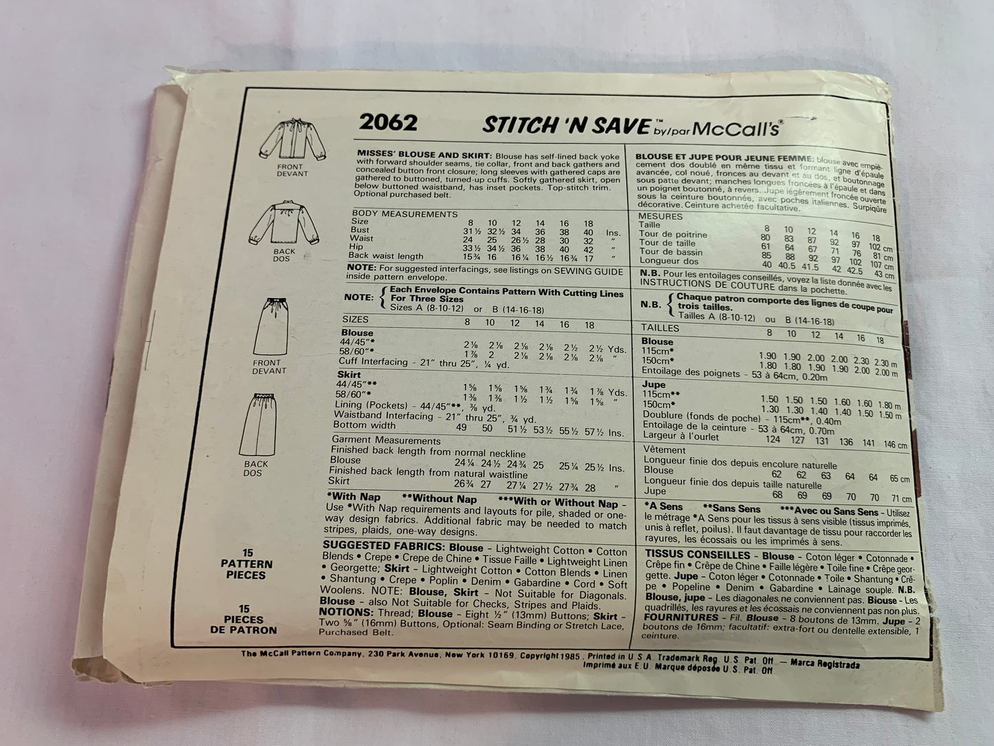 McCall's Stitch 'N Save Sewing Pattern 2062 Blouse, Skirt, Tie Collar, Long Sleeves, Pockets, Size 14-18, Cut, Vintage 1985