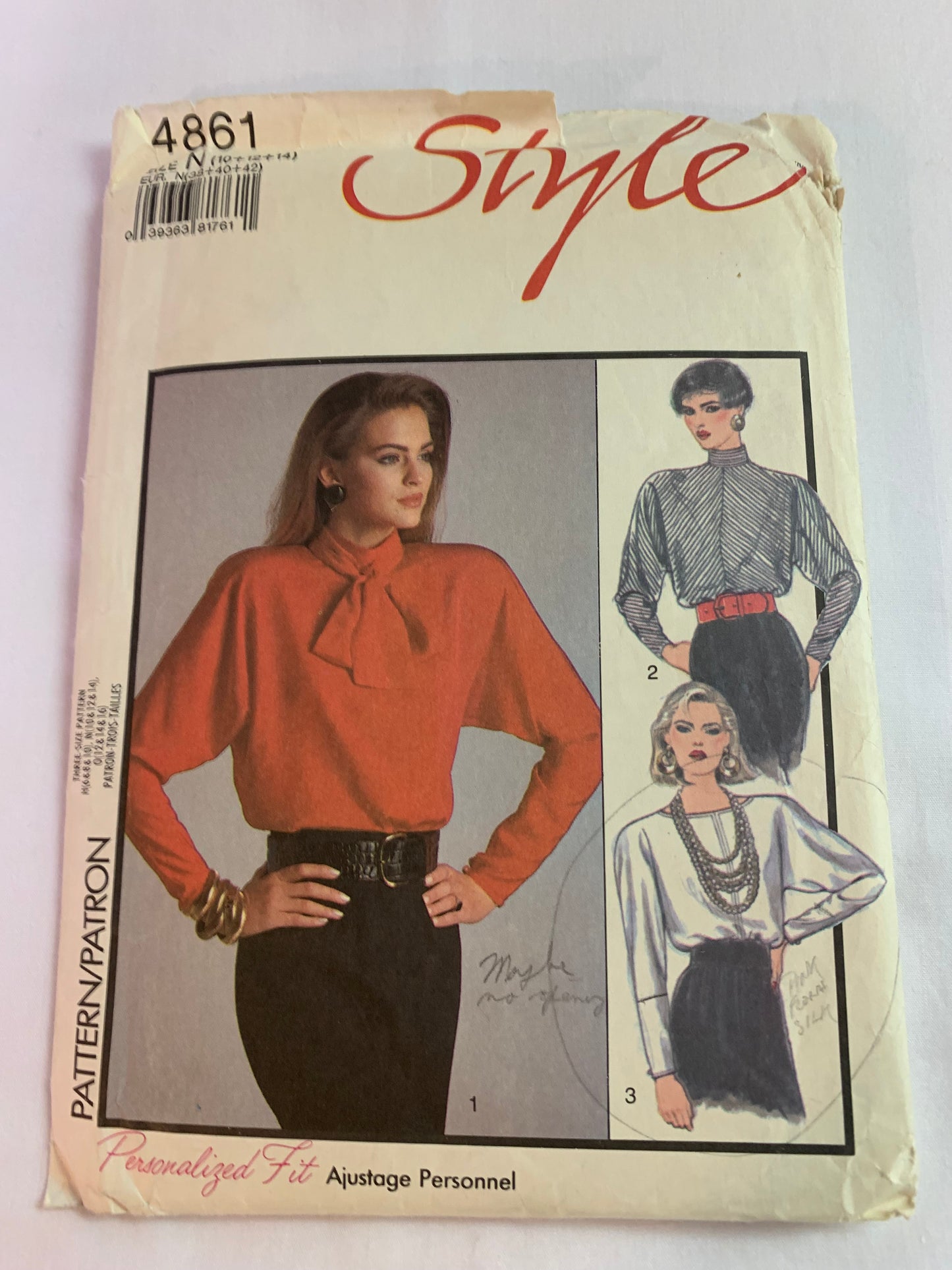Style Sewing Pattern 4861 Misses' Tops, Blouses, Pullover, 3 Variations, Shoulder Pads, Long Dolman Sleeves, Neck Tie, Size 10-12, Cut, Vintage 1982