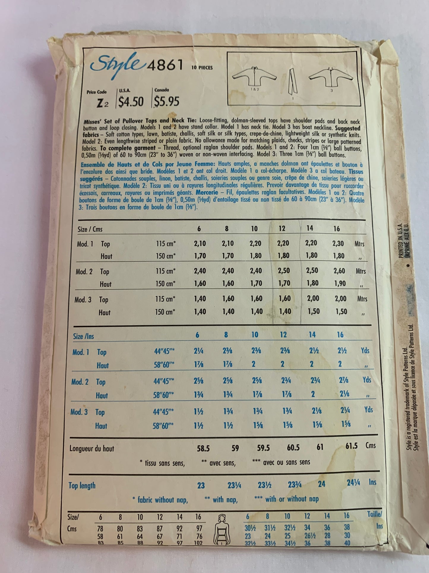Style Sewing Pattern 4861 Misses' Tops, Blouses, Pullover, 3 Variations, Shoulder Pads, Long Dolman Sleeves, Neck Tie, Size 10-12, Cut, Vintage 1982