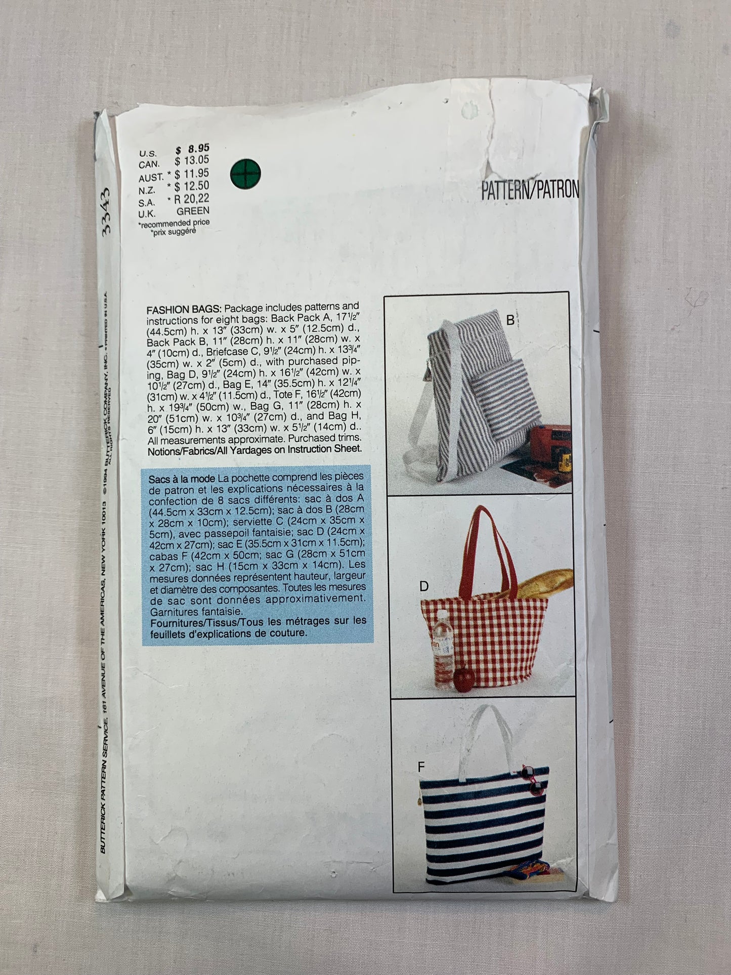 Butterick Sewing Pattern 3343 Crafts, Fashion Bags, Backpack, Briefcase. Bag, Tote, Grocery, Gym, Picnic, Cut, Vintage 1994