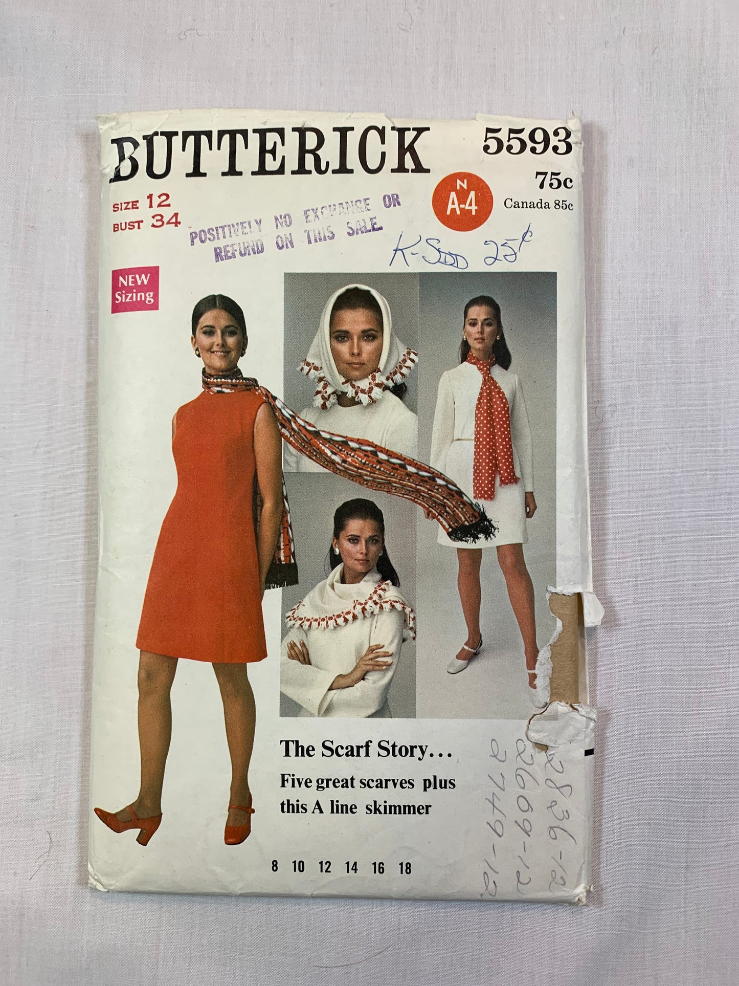 Butterick 5593 Misses' Dress, Scarf, Size 18-22, Uncut, Vintage 1970's