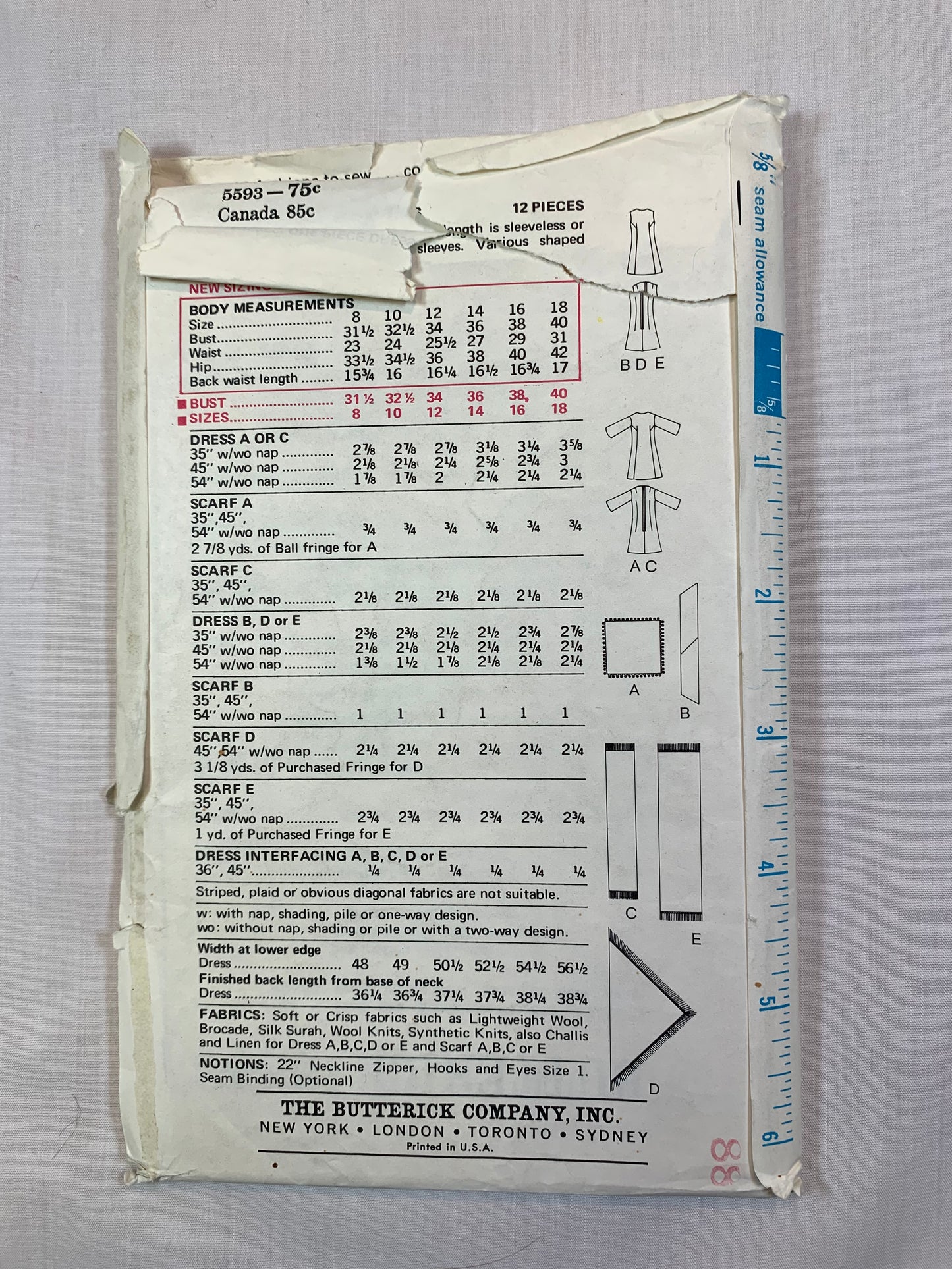 Butterick 5593 Misses' Dress, Scarf, Size 18-22, Uncut, Vintage 1970's
