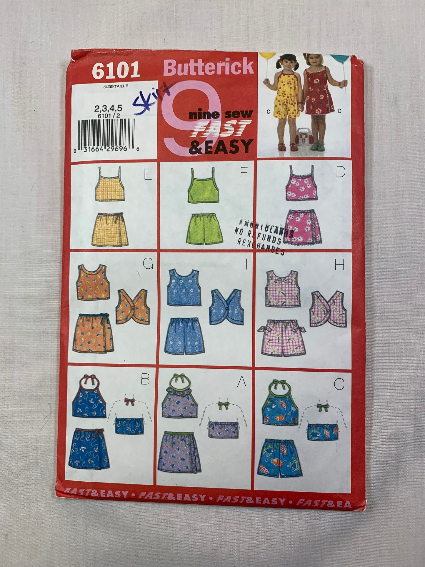 Butterick 6101 Girls' Top, Skirt, Shorts Size 2-5, Cut, 2001
