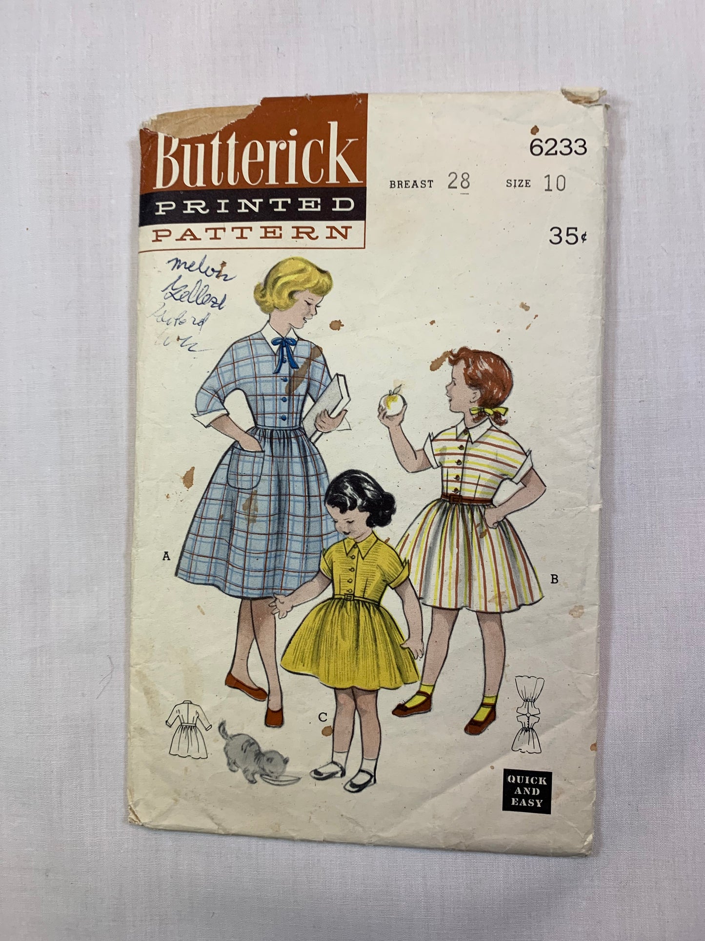 Butterick 6233 Girls' Dress, Size 10, Cut, Vintage 1959